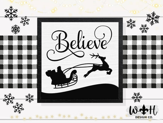 Believe Santa Sleigh - Christmas Coffee Bar Sign - Seasonal Home and Kitchen Decor - Handcrafted Wooden Frame Wall Art - Holiday Decorations