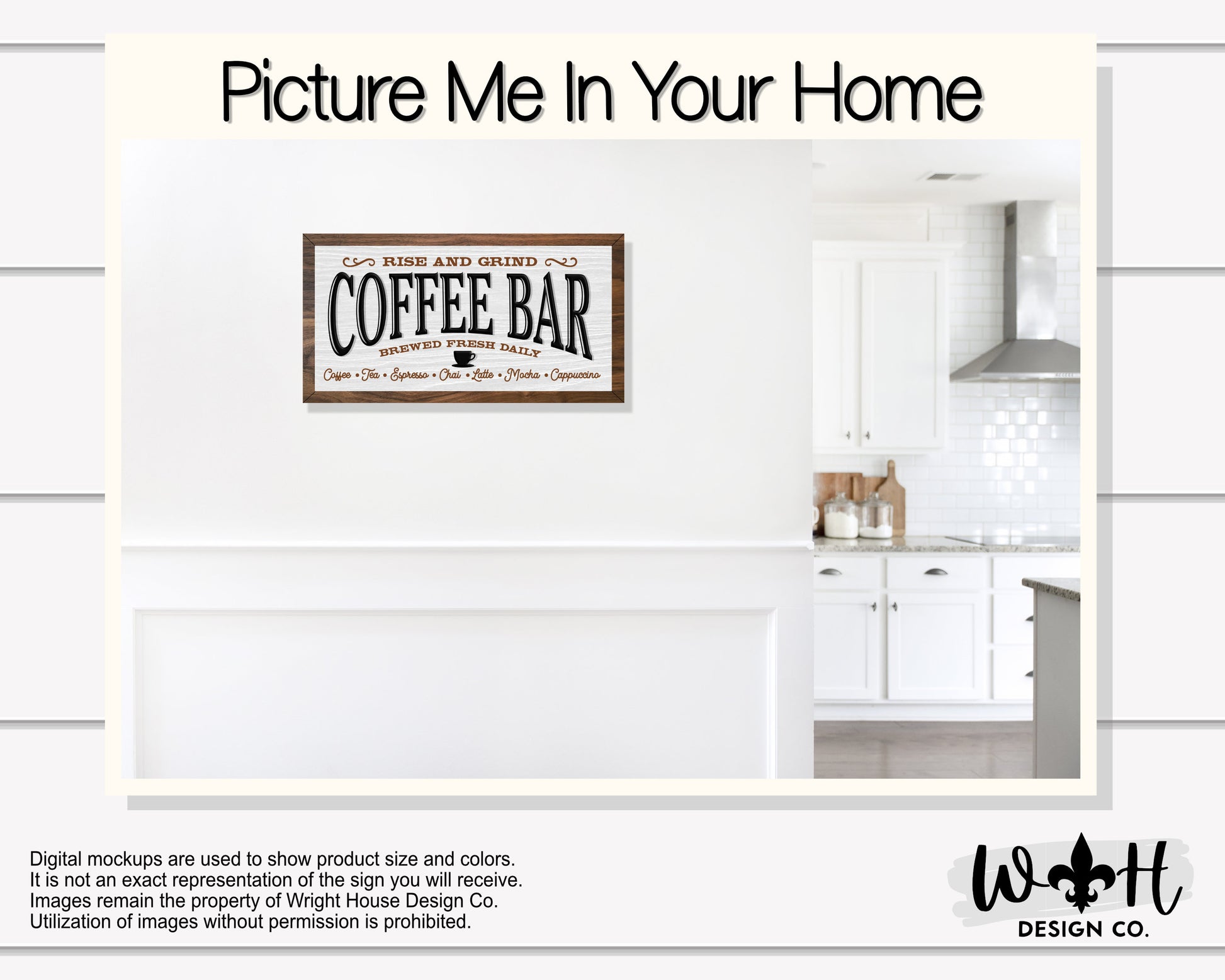 Rise and Grind Coffee Bar - Latte, Mocha, Cappuccino - Brewed Fresh Daily - Country Farmhouse Home and Kitchen Wall Decor - Coffee Bar Sign