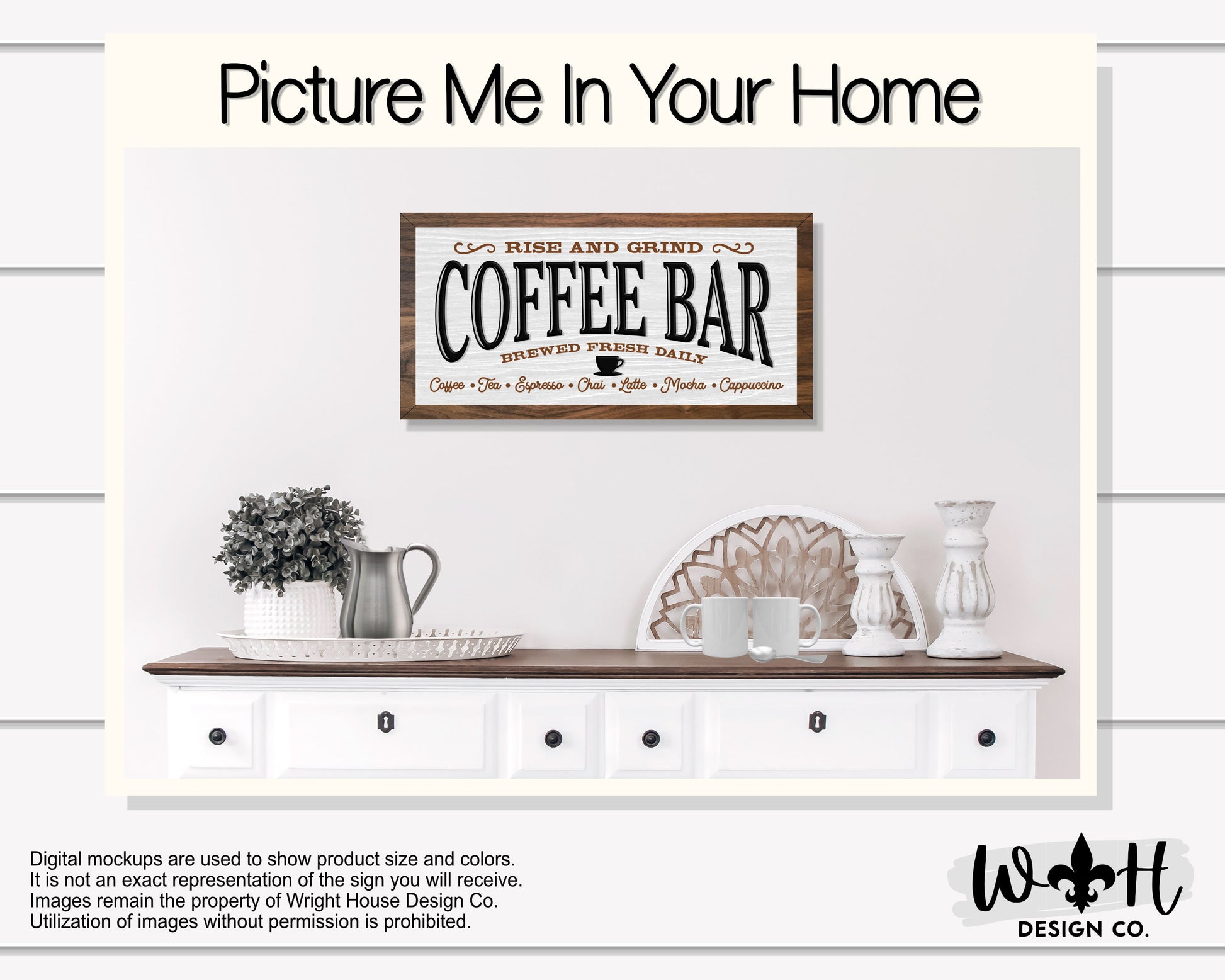 Rise and Grind Coffee Bar - Latte, Mocha, Cappuccino - Brewed Fresh Daily - Country Farmhouse Home and Kitchen Wall Decor - Coffee Bar Sign