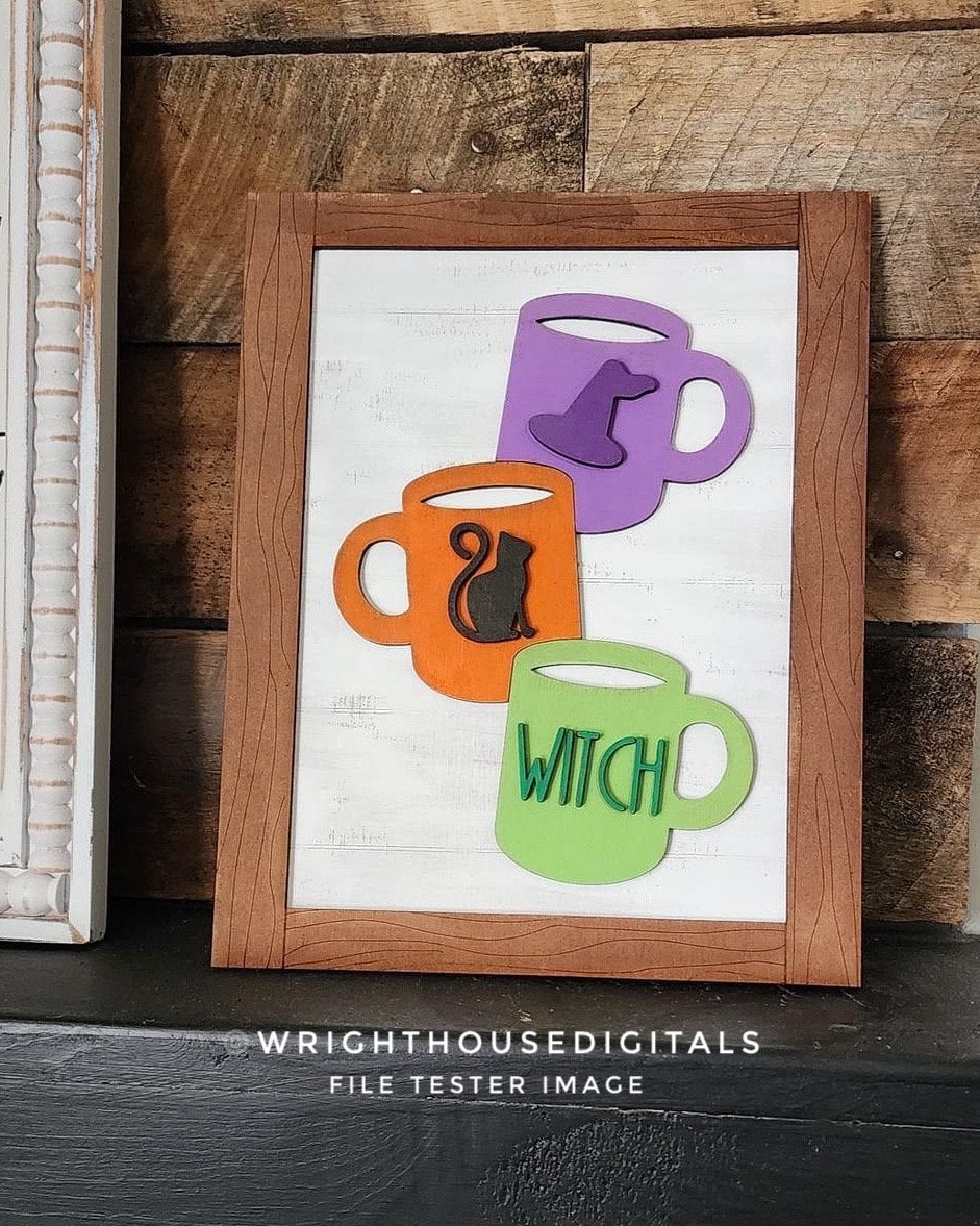 Witch Stacked Coffee Mugs Farmhouse Frame Sign - Halloween Tiered Tray Decor and DIY Kits - Cut File For Glowforge Lasers - Digital SVG File
