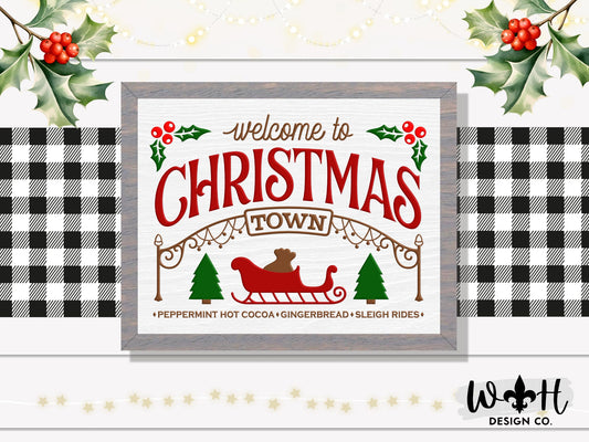 Welcome to Christmas Town - Cocoa, Gingerbread, Sleigh Rides - Seasonal Home and Kitchen Decor - Handcrafted Wooden Mitered Framed Wall Art