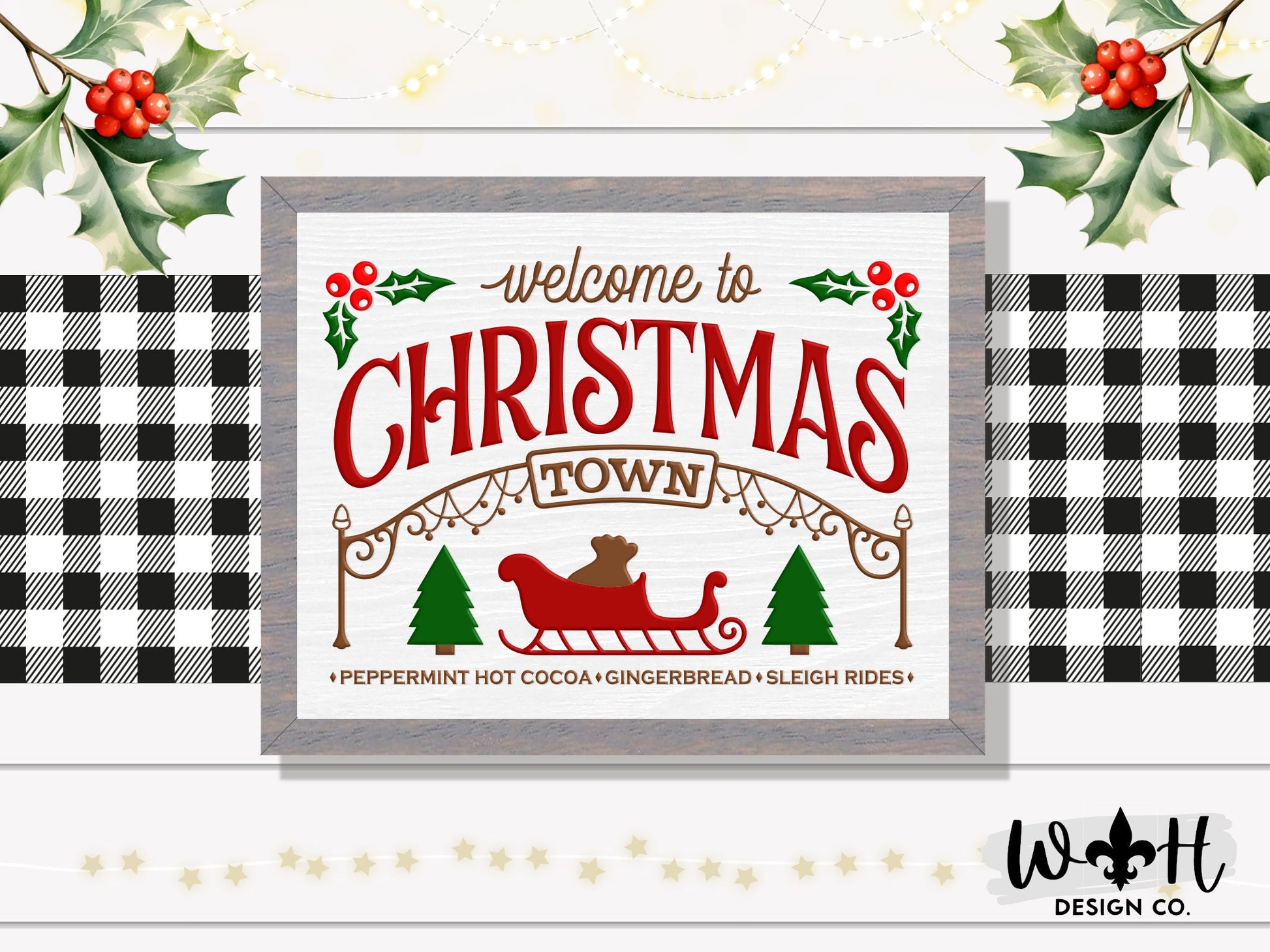 Welcome to Christmas Town - Cocoa, Gingerbread, Sleigh Rides - Seasonal Home and Kitchen Decor - Handcrafted Wooden Mitered Framed Wall Art