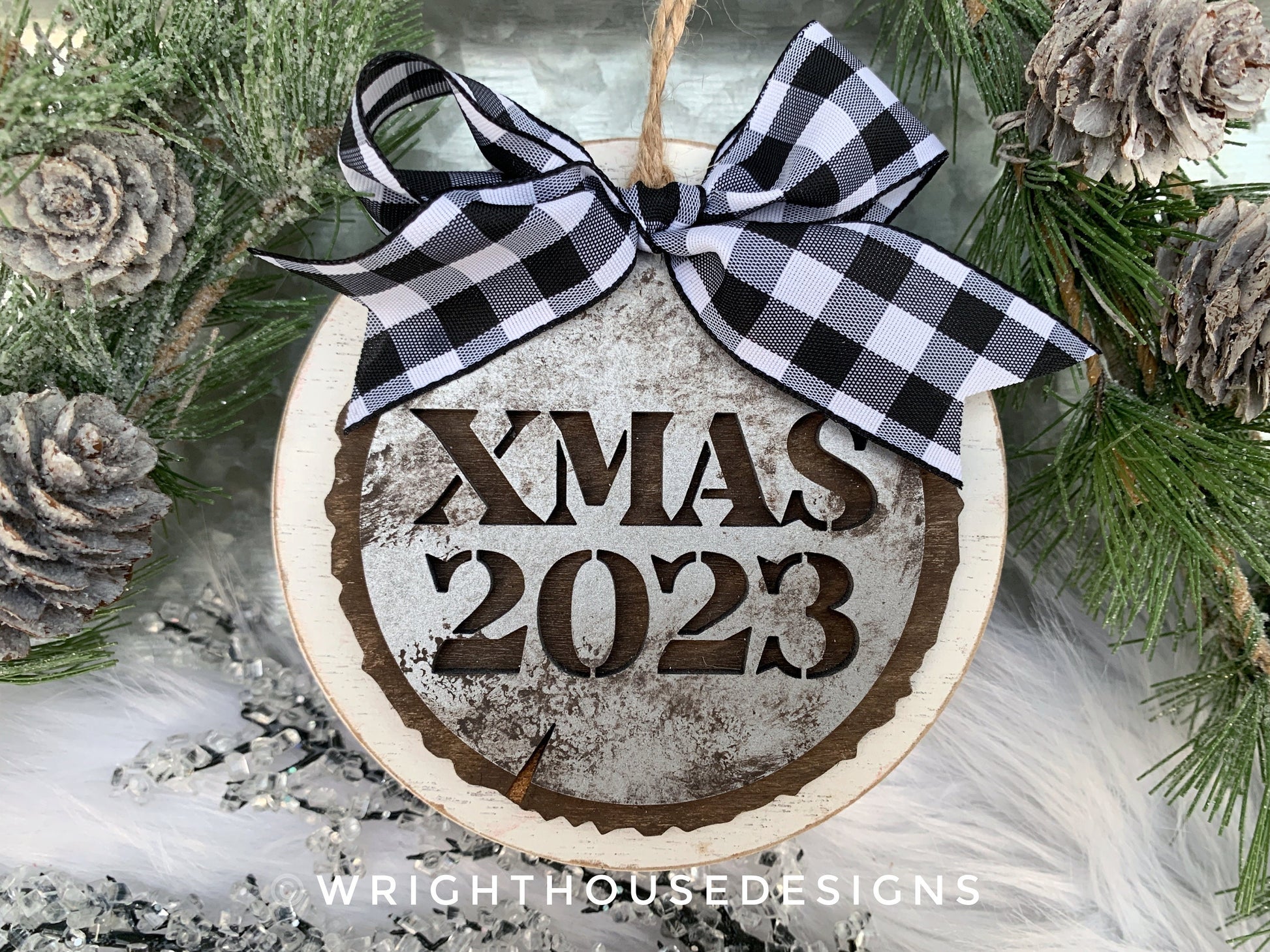 2023 Rustic Farmhouse Galvanized Cookie Tree Ornament - Yearly Ornament - Stencil Wood Slice - Ski Lodge Style Ornament and Stocking Tag