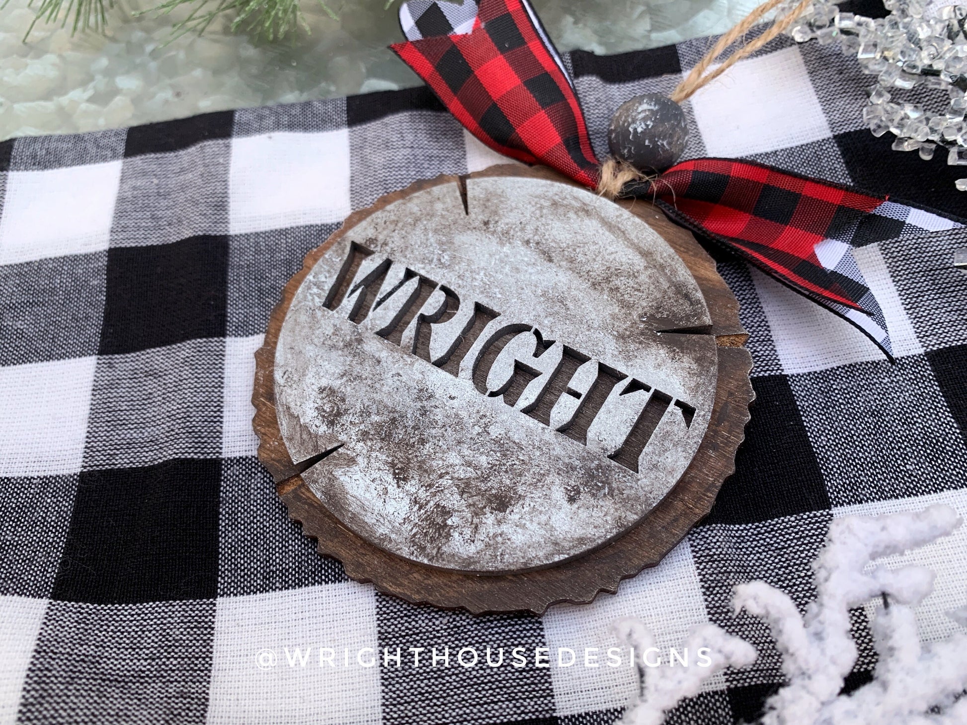 Personalized Last Name - Rustic Galvanized Cookie Tree Ornament - Stencil Wood Slice - Ski Lodge Tree Ornament - Holiday Gift for Couples