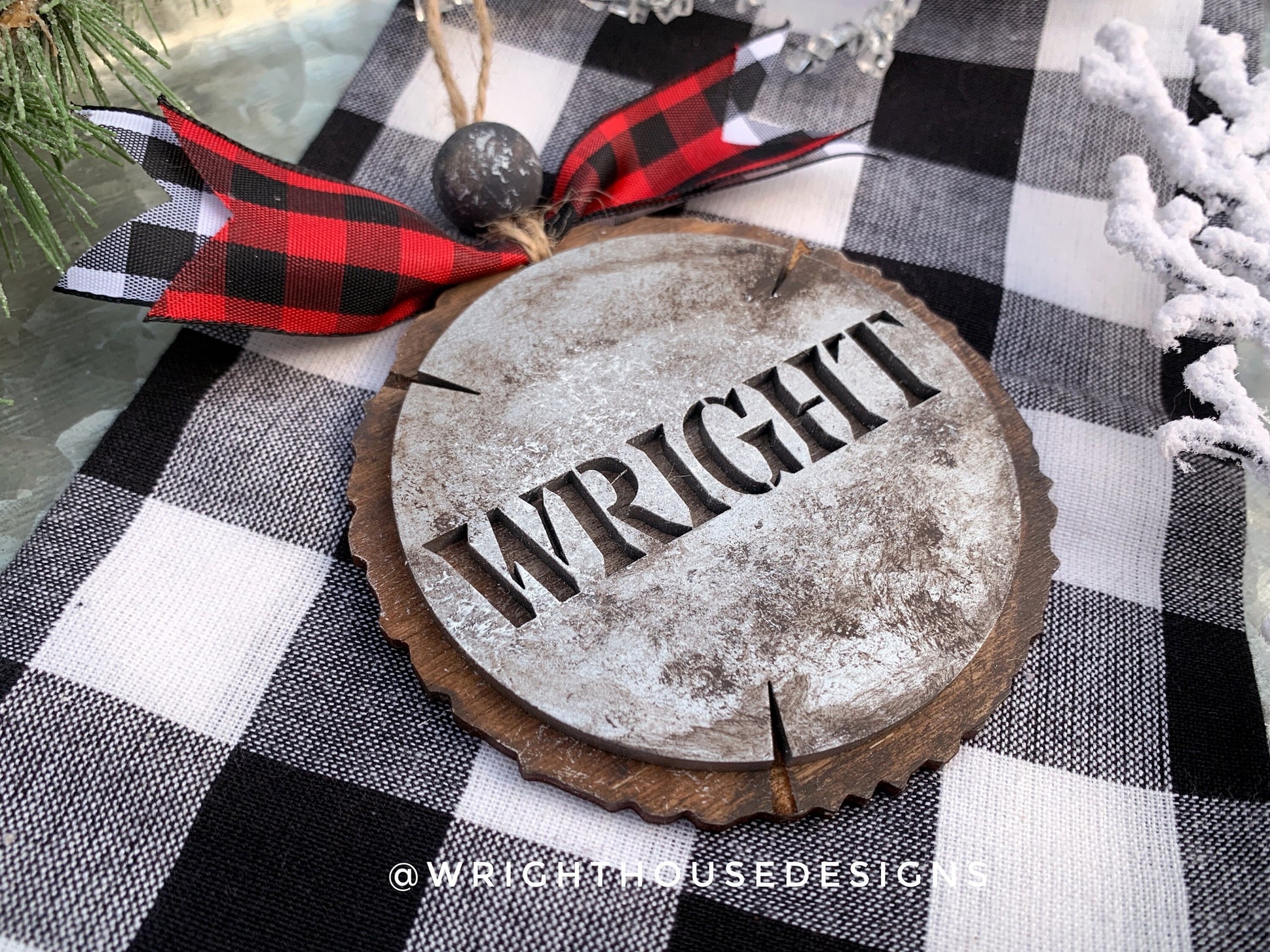 Personalized Last Name - Rustic Galvanized Cookie Tree Ornament - Stencil Wood Slice - Ski Lodge Tree Ornament - Holiday Gift for Couples