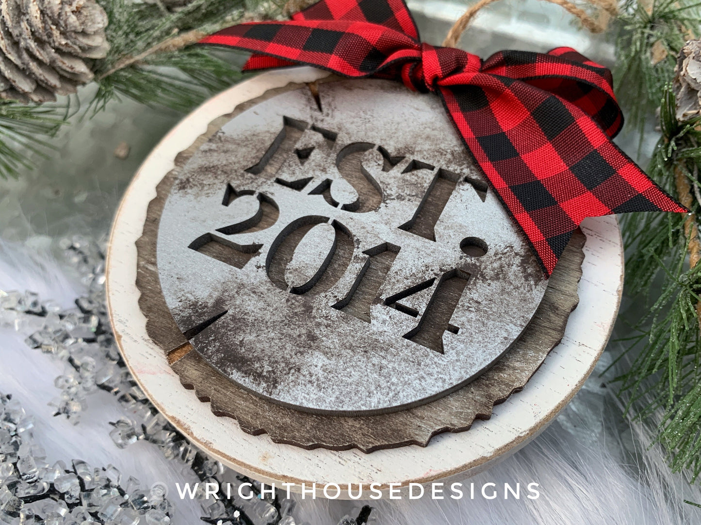 Rustic Galvanized Cookie Tree Ornament - Stencil Established Wood Slice - Ski Lodge Tree Ornament - Year Ornament - Holiday Gift for Couples