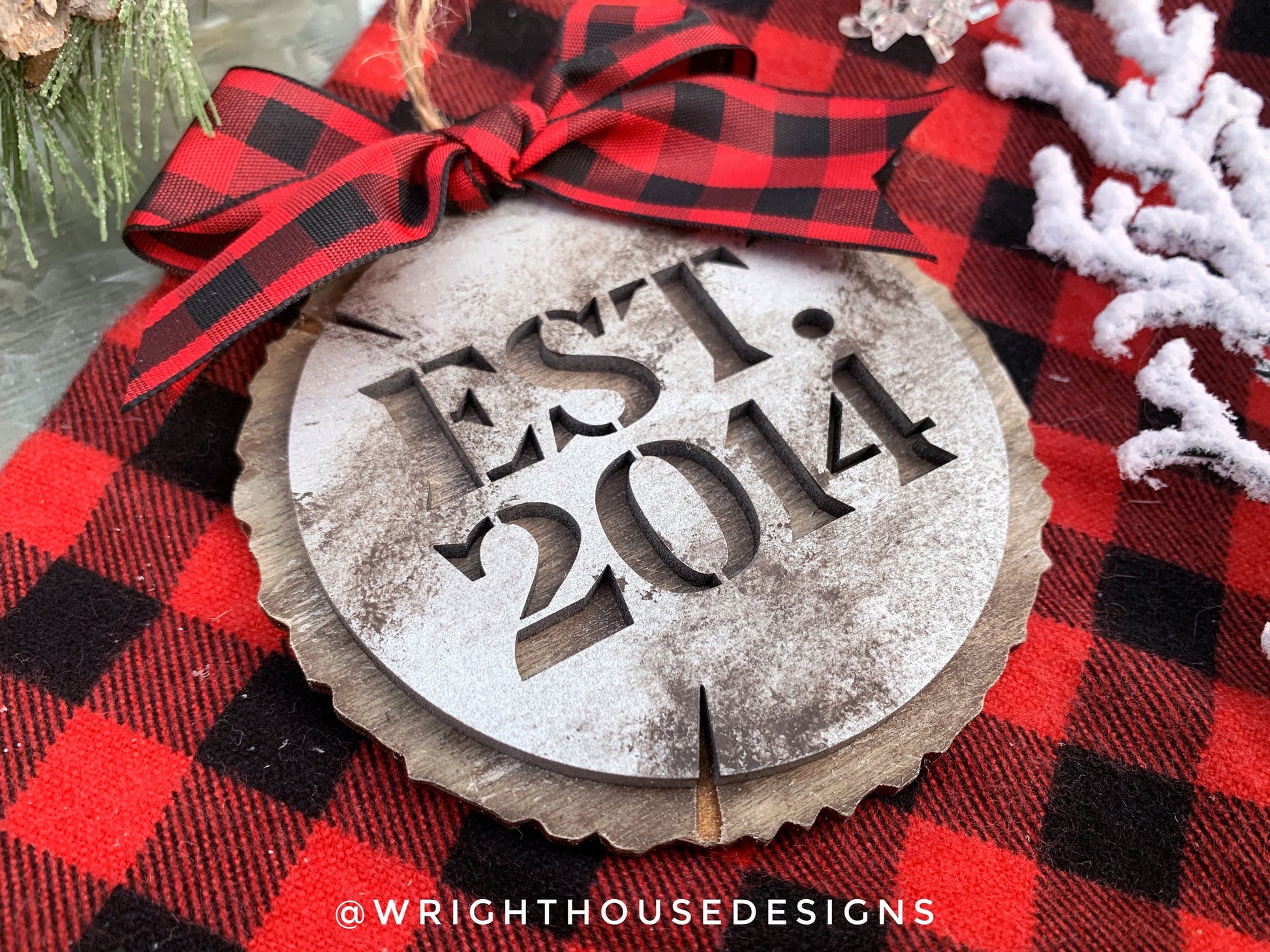 Rustic Galvanized Cookie Tree Ornament - Stencil Established Wood Slice - Ski Lodge Tree Ornament - Year Ornament - Holiday Gift for Couples