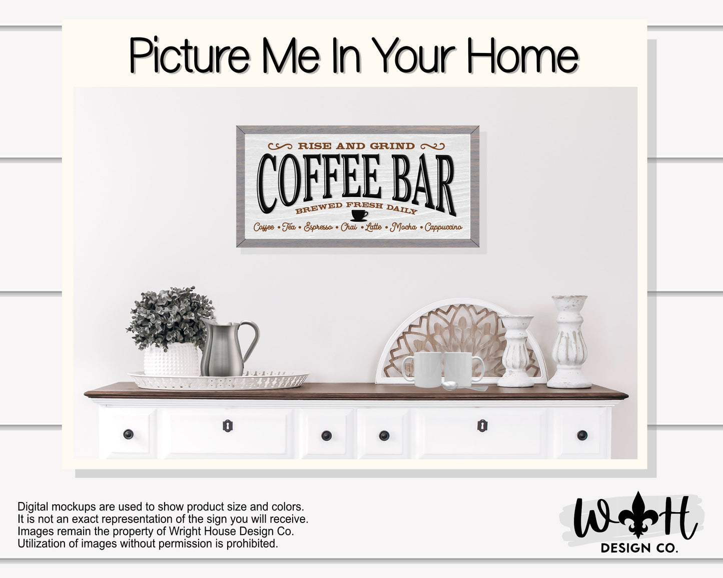 Rise and Grind Coffee Bar - Latte, Mocha, Cappuccino - Brewed Fresh Daily - Country Farmhouse Home and Kitchen Wall Decor - Coffee Bar Sign