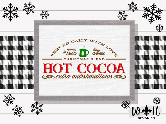 Christmas Blend Hot Cocoa Served With Love - Coffee Bar Sign - Seasonal Home and Kitchen Decor - Handcrafted Wooden Mitered Framed Wall Art