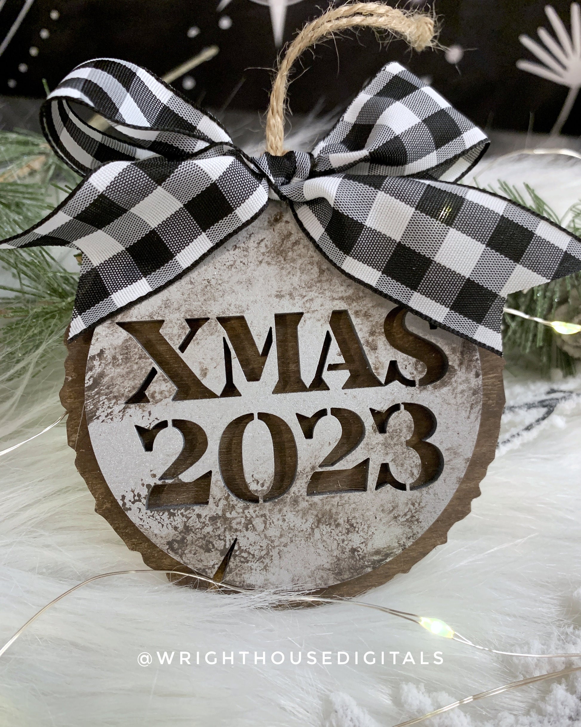 2023 Rustic Farmhouse Galvanized Cookie Tree Ornament - Yearly Ornament - Stencil Wood Slice - Ski Lodge Style Ornament and Stocking Tag