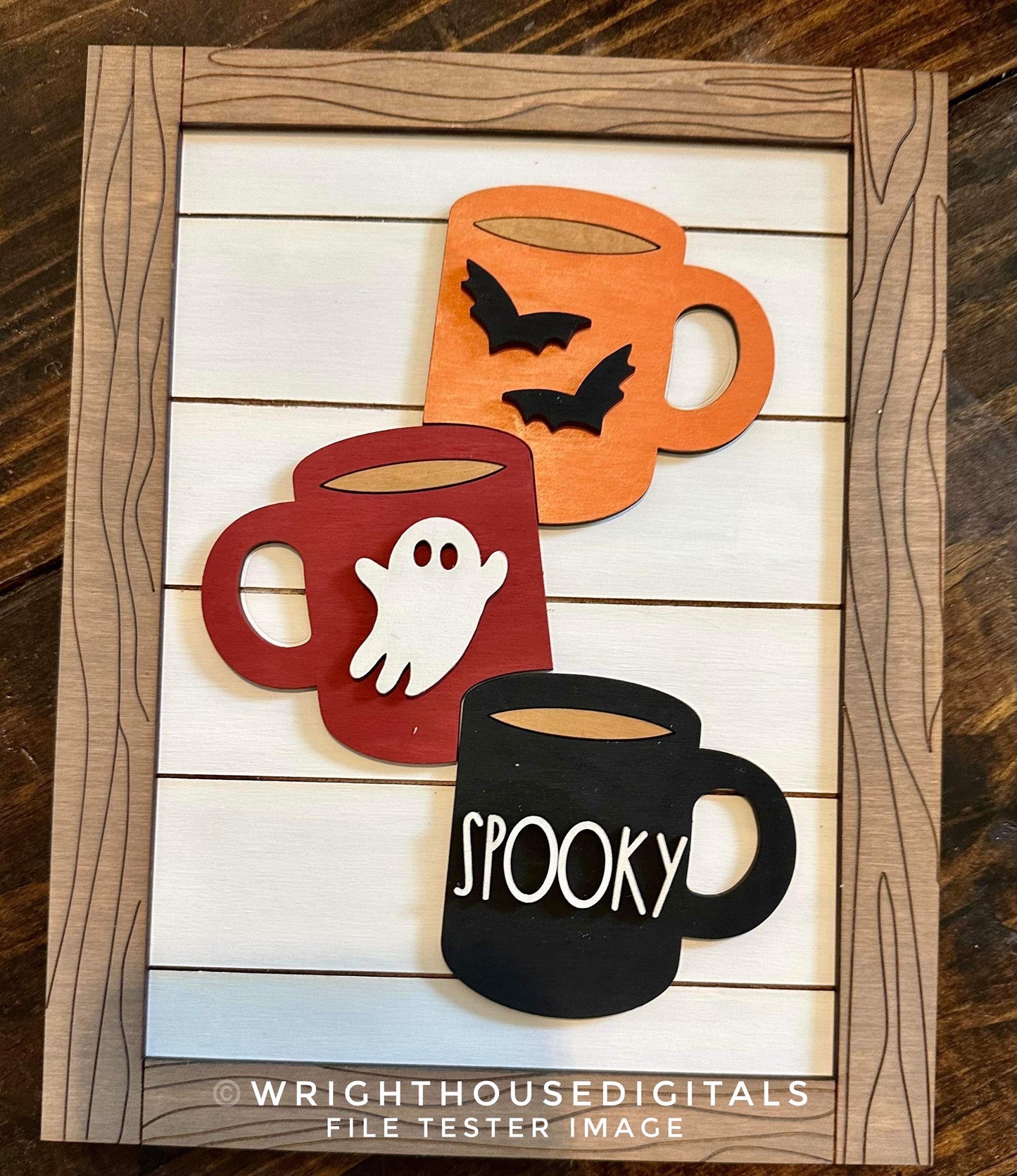 Spooky Stacked Coffee Mugs Farmhouse Frame Sign - Halloween Tiered Tray Decor and DIY Kits - Cut File For Glowforge Laser - Digital SVG File