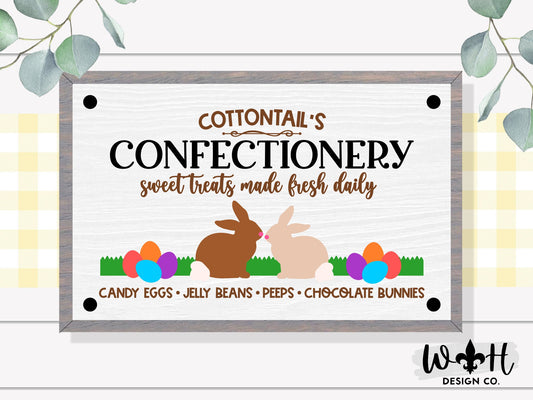 Cottontail's Confectionery - Spring Coffee Bar Sign - Seasonal Easter Farmhouse Home and Kitchen Decor - Handcrafted Wooden Frame Wall Art