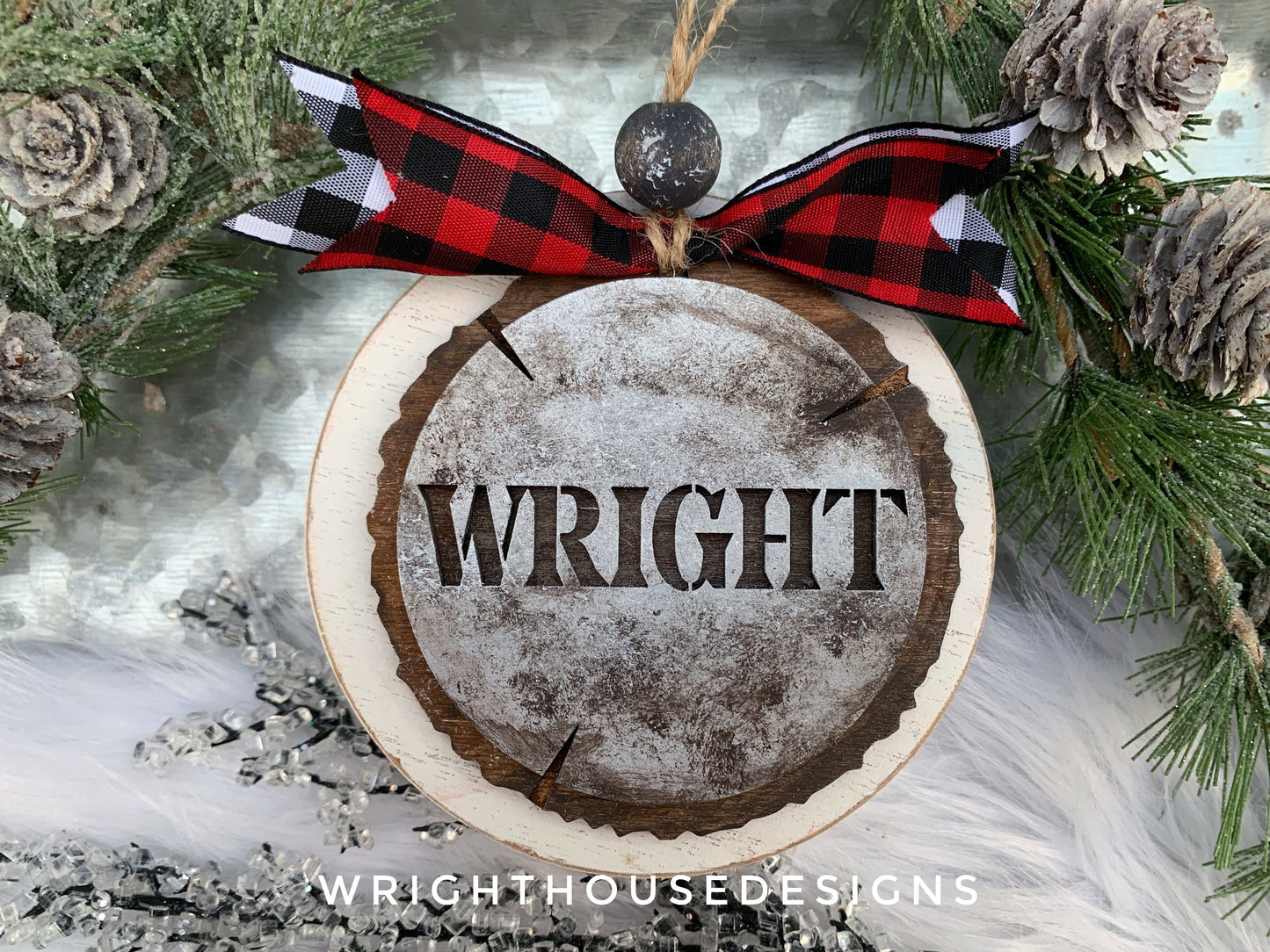 Personalized Last Name - Rustic Galvanized Cookie Tree Ornament - Stencil Wood Slice - Ski Lodge Tree Ornament - Holiday Gift for Couples