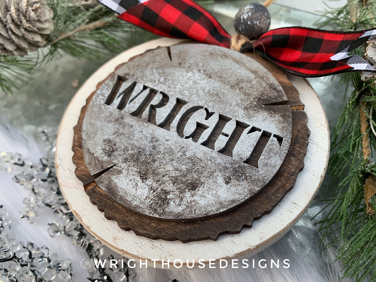 Personalized Last Name - Rustic Galvanized Cookie Tree Ornament - Stencil Wood Slice - Ski Lodge Tree Ornament - Holiday Gift for Couples