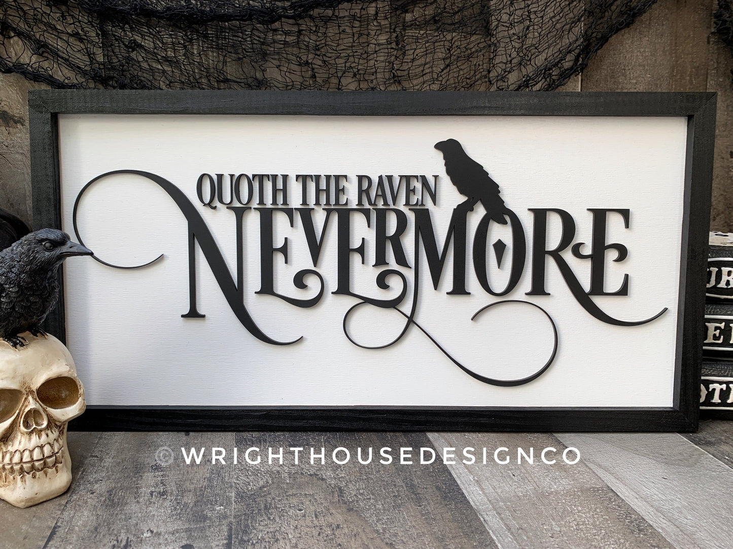 Edgar Allen Poe Quoth The Raven Nevermore - Halloween Witchy Home Decor - Kitchen Witch Coffee Bar Sign - Dark Academia Framed Goth Wall Art