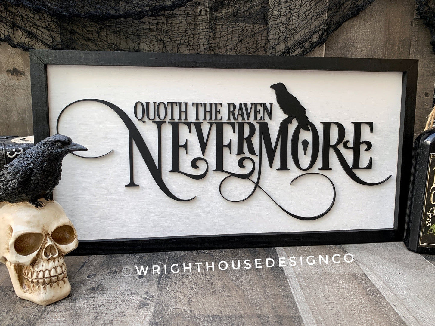 Edgar Allen Poe Quoth The Raven Nevermore - Halloween Witchy Home Decor - Kitchen Witch Coffee Bar Sign - Dark Academia Framed Goth Wall Art