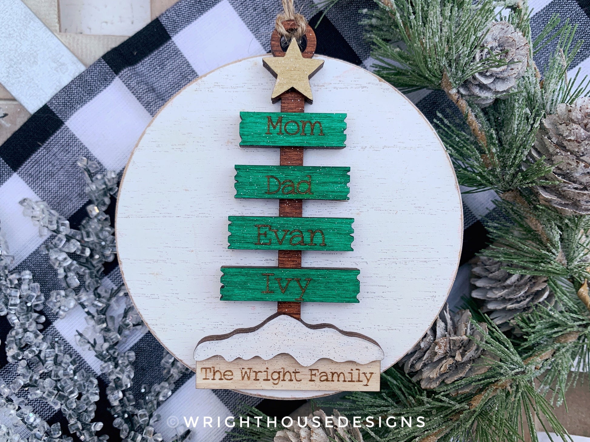 Christmas Plank Pine Tree Bundle - Personalizable Family Name Ornaments and Stocking Tags - Cut File For Glowforge Lasers - Digital SVG File