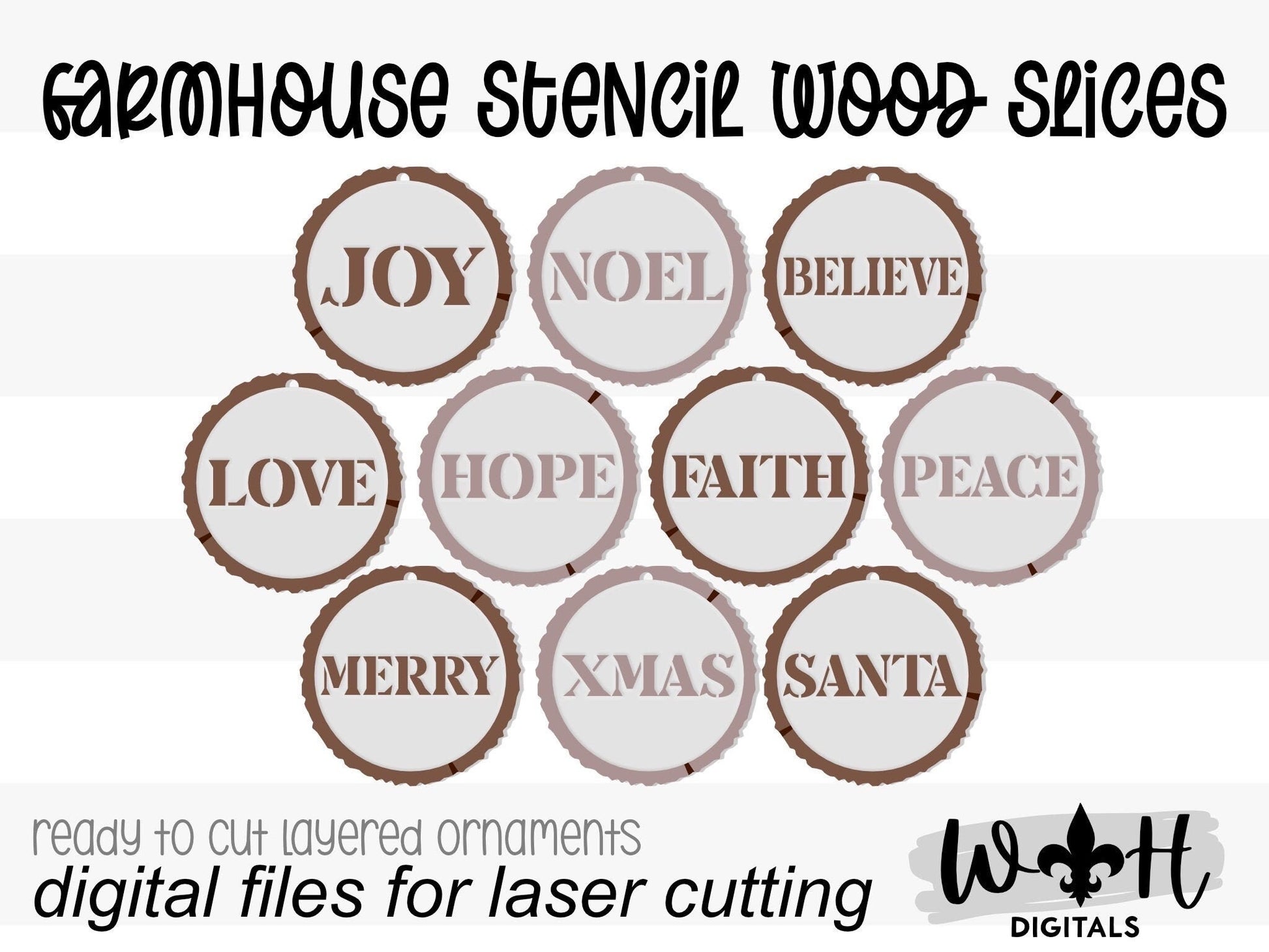 Rustic Farmhouse Stencil Wood Slices Layered Christmas Ornament Bundle - Quick Cut File For Glowforge Lasers - Digital SVG File