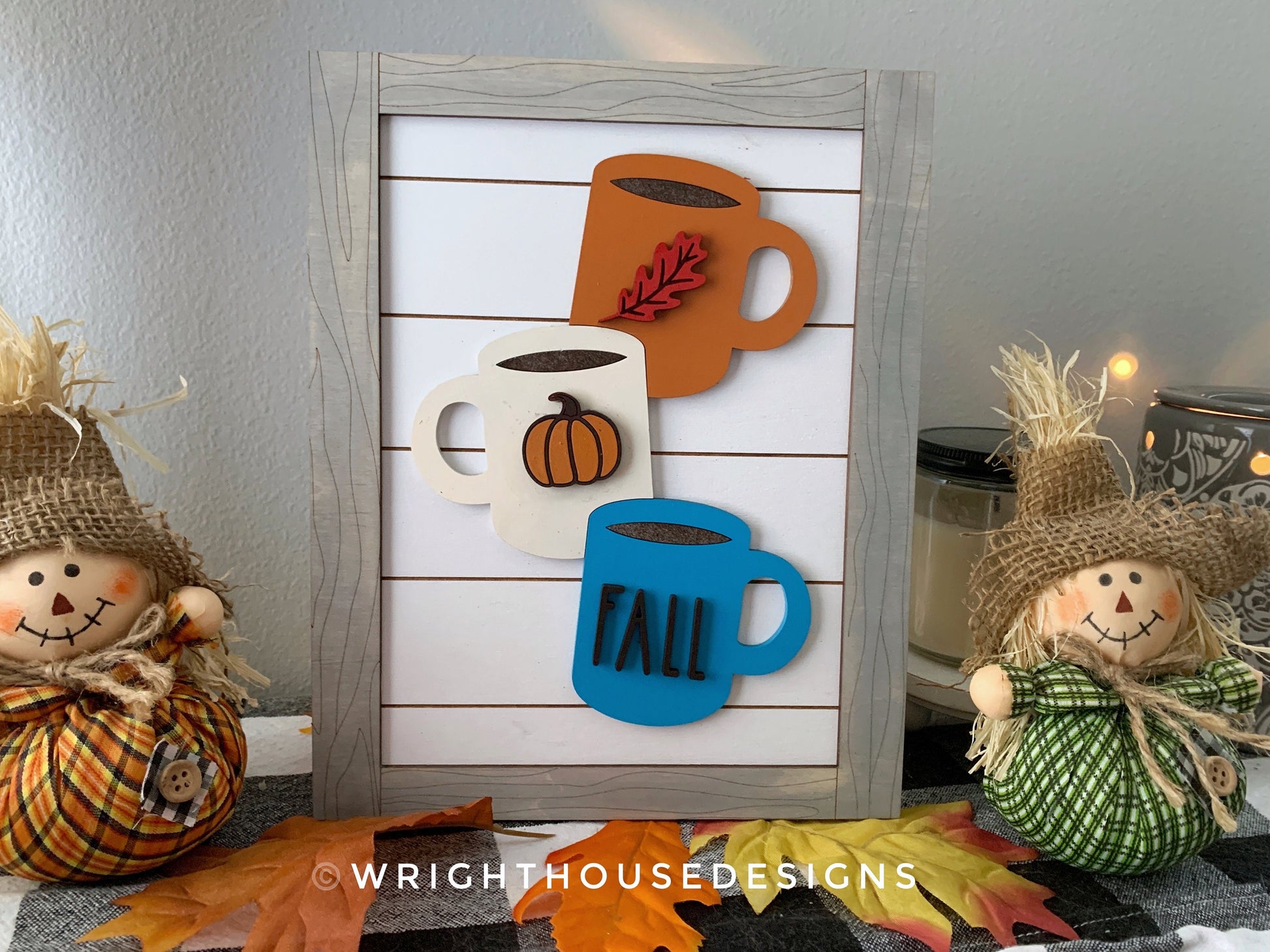 Fall Stacked Coffee Mugs Farmhouse Frame Sign - Autumn Tiered Tray Decor and DIY Kits - Cut File For Glowforge Lasers - Digital SVG File