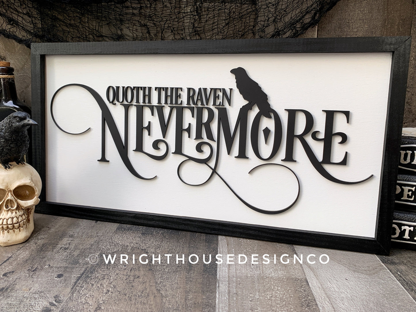 Edgar Allen Poe Quoth The Raven Nevermore - Halloween Witchy Home Decor - Kitchen Witch Coffee Bar Sign - Dark Academia Framed Goth Wall Art