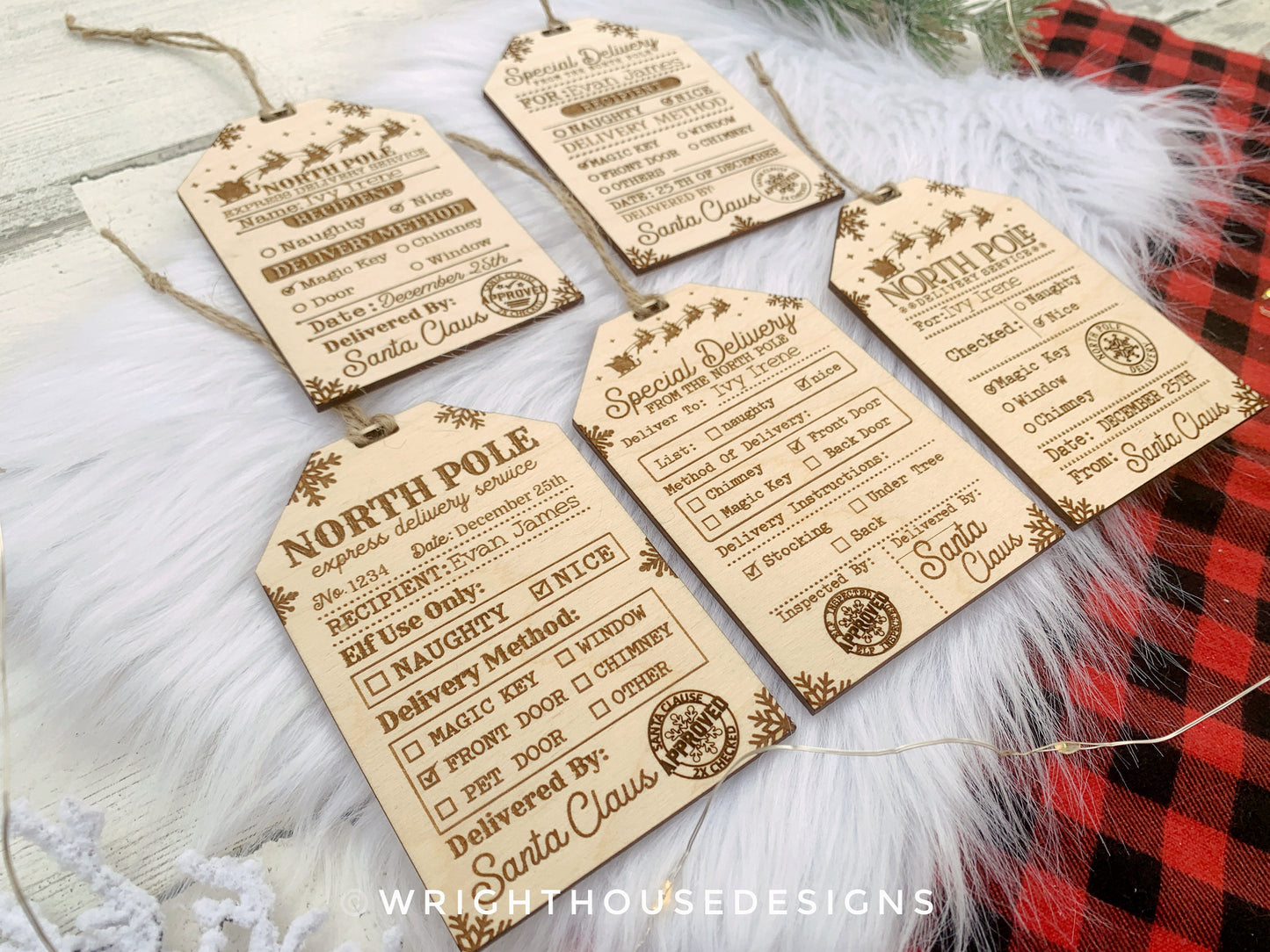 Santa's North Pole Express Delivery Gift Bag Tags - Wooden Engraved Christmas Labels - Personalized Name Tag - Holiday Ornament for Kids