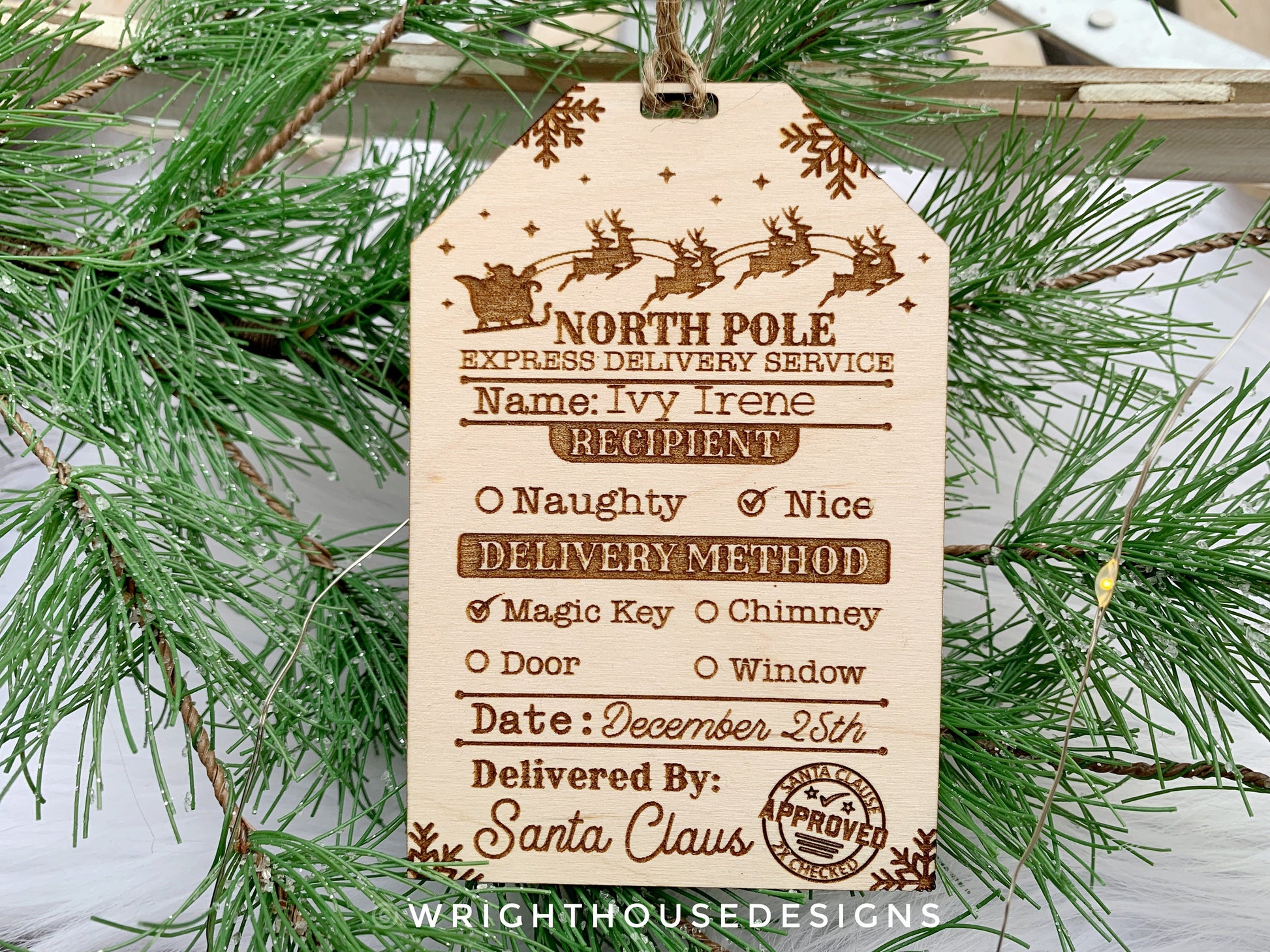 Santa's North Pole Express Delivery Gift Bag Tags - Wooden Engraved Christmas Labels - Personalized Name Tag - Holiday Ornament for Kids