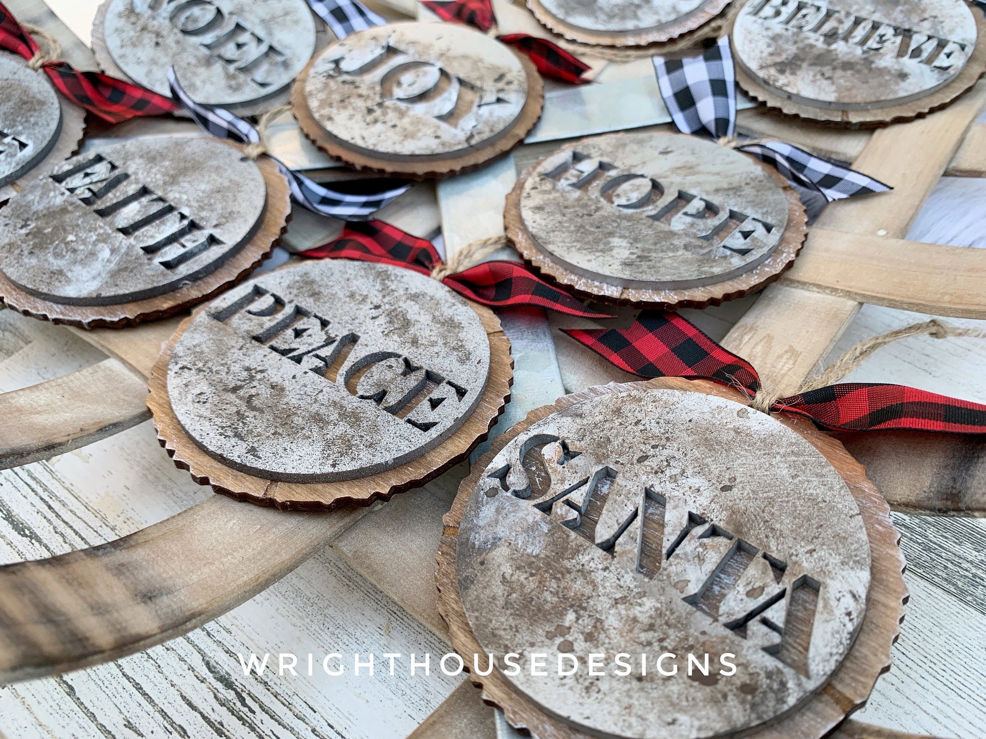 Rustic Farmhouse Stencil Wood Slices Layered Christmas Ornament Bundle - Quick Cut File For Glowforge Lasers - Digital SVG File