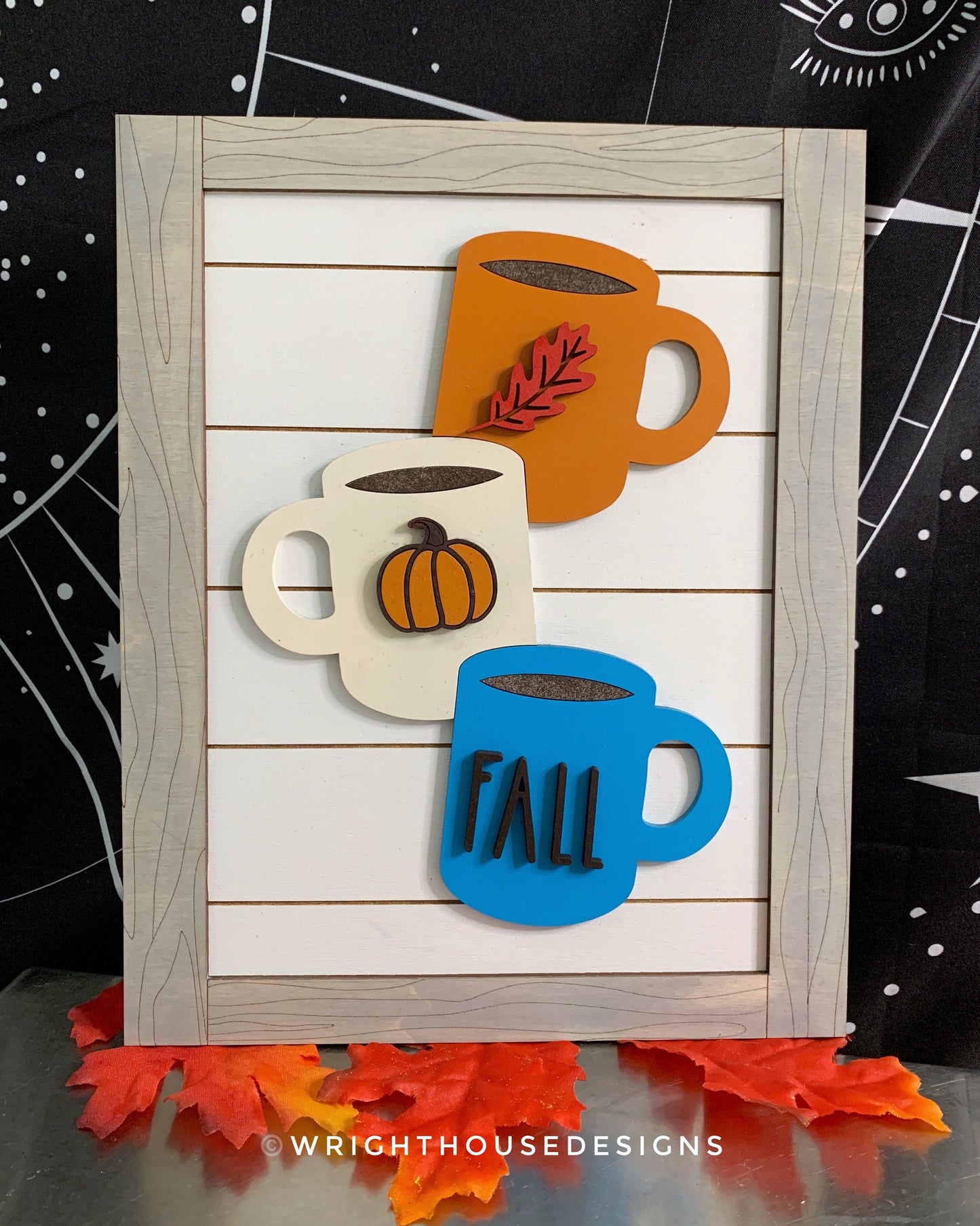 Fall Stacked Coffee Mugs Farmhouse Frame Sign - Autumn Tiered Tray Decor and DIY Kits - Cut File For Glowforge Lasers - Digital SVG File