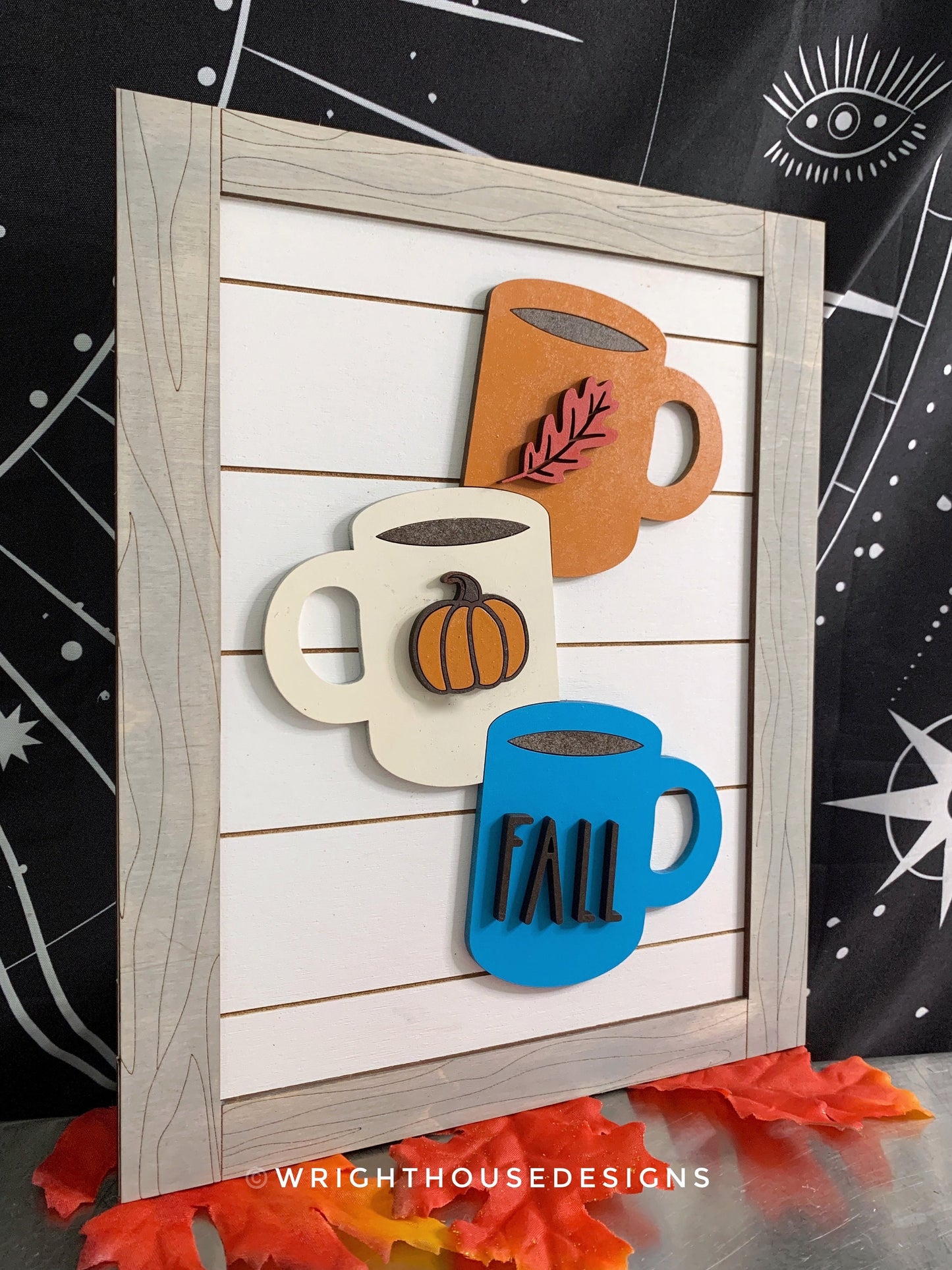 Fall Stacked Coffee Mugs Farmhouse Frame Sign Bundle - Tiered Tray Decor and DIY Kits - Cut File For Glowforge Lasers - Digital SVG File