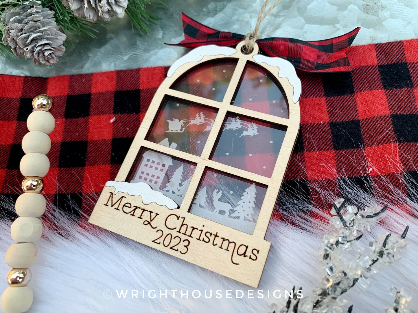 Santa Sleigh Winter Cabin Scene Ornament - Engraved Personalized Yearly Christmas Tree Ornament - Layered Wood and Acrylic Window Ornament