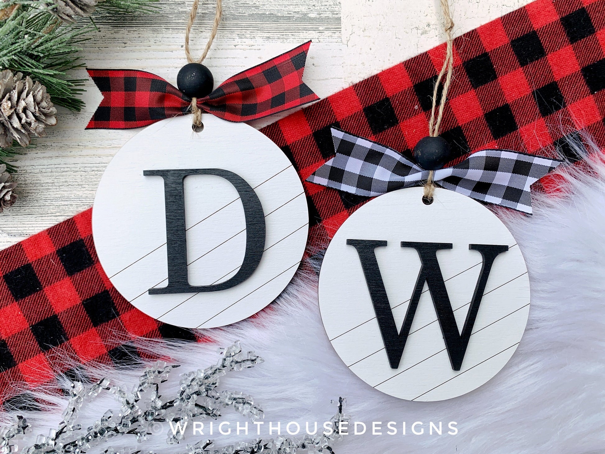 Custom Initial Pattern Monogram Ornament - Farmhouse Minimalist Christmas Tree Ornament - Round Shiplap Stocking Tag - Couples Holiday Gift