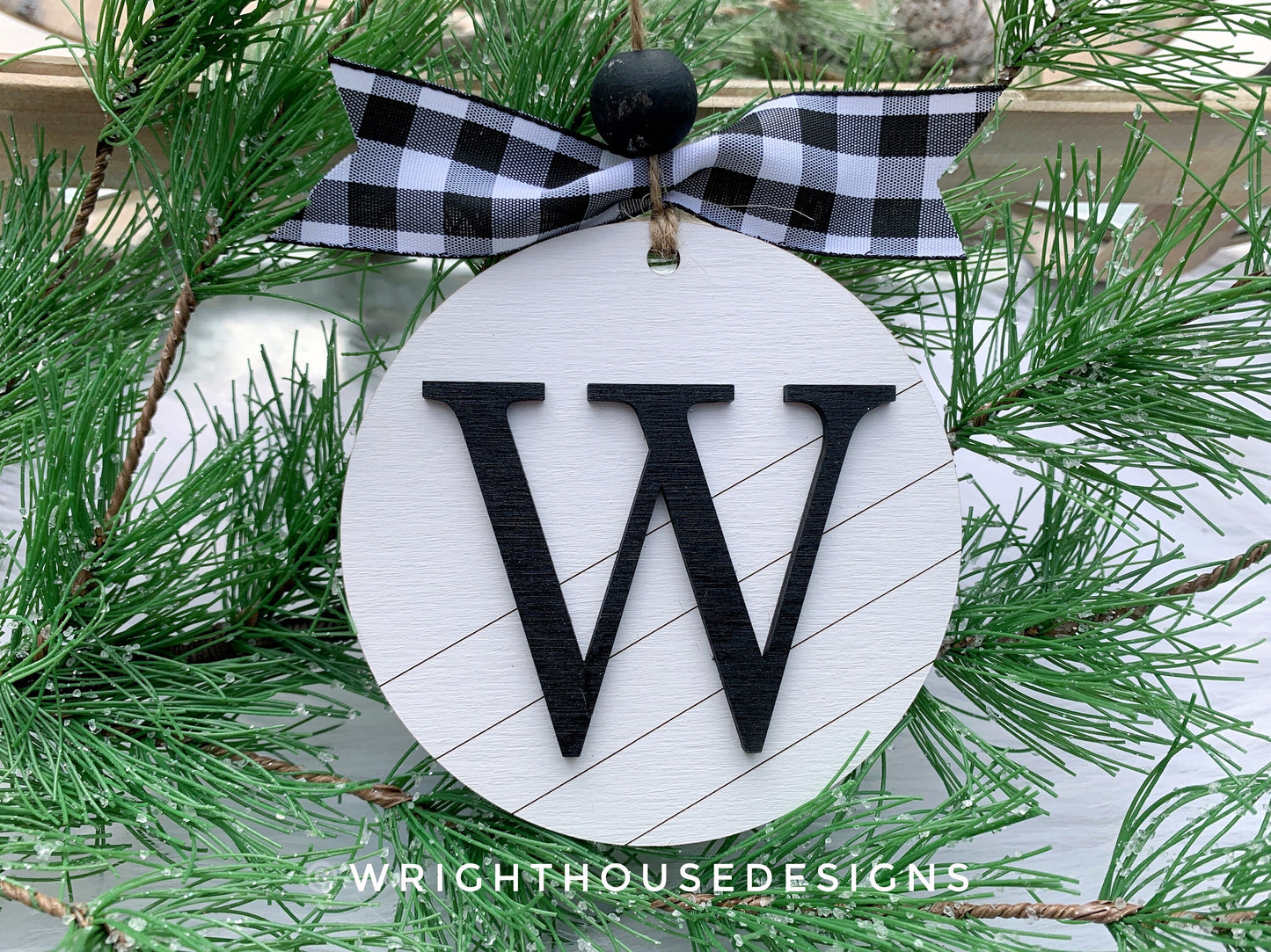 Custom Initial Pattern Monogram Ornament - Farmhouse Minimalist Christmas Tree Ornament - Round Shiplap Stocking Tag - Couples Holiday Gift