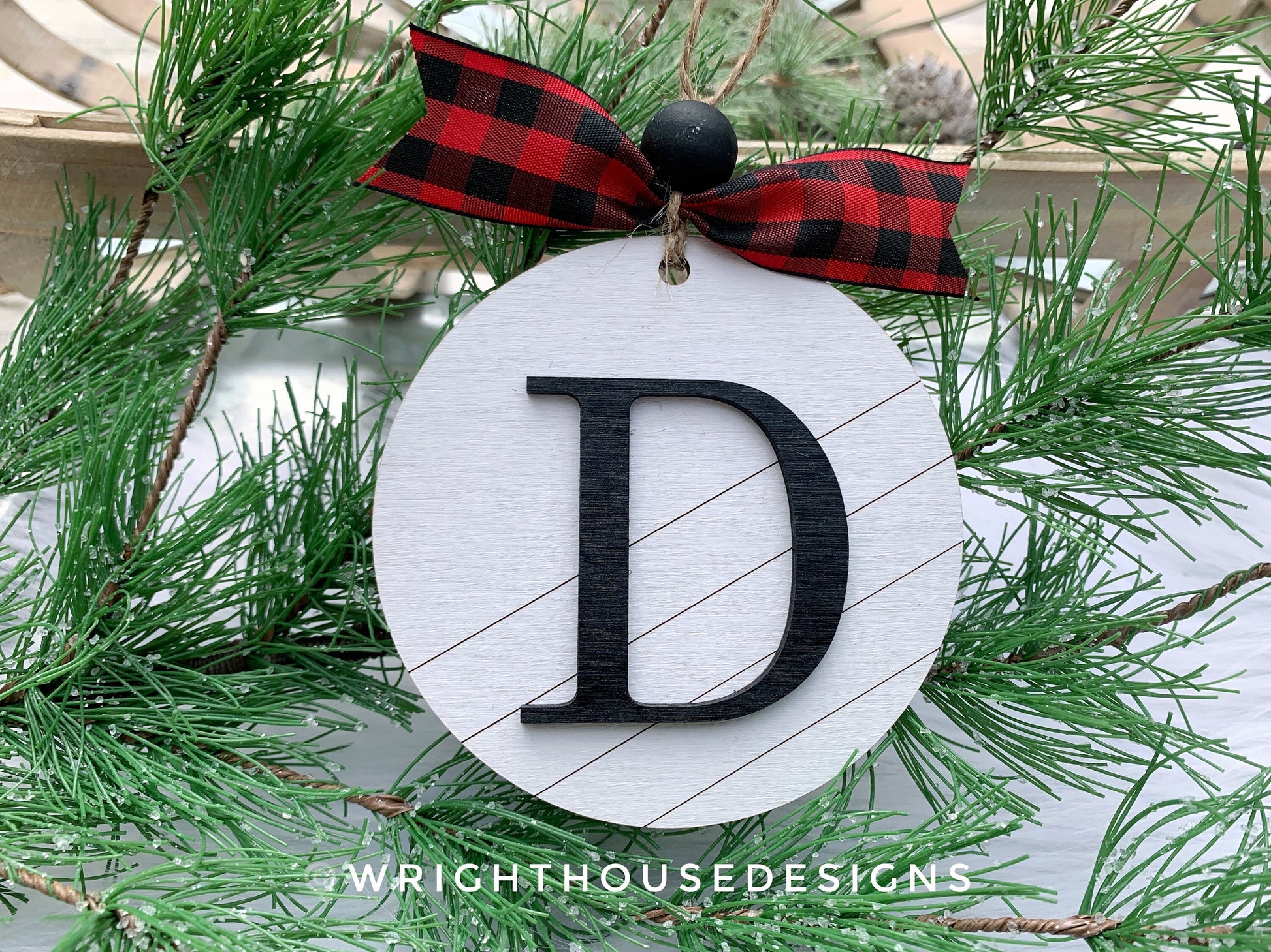 Custom Initial Pattern Monogram Ornament - Farmhouse Minimalist Christmas Tree Ornament - Round Shiplap Stocking Tag - Couples Holiday Gift