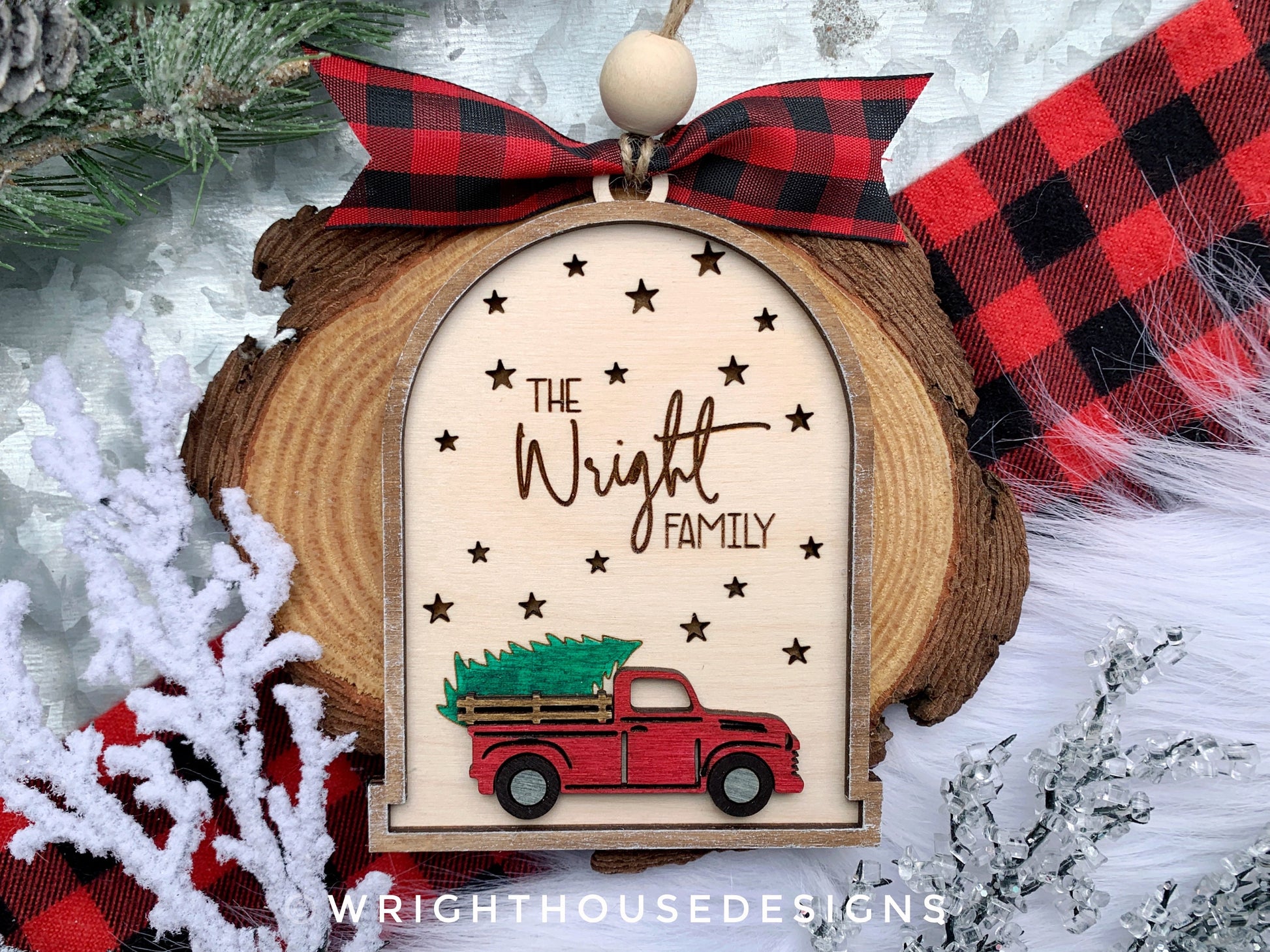 Rustic Farmhouse Family Name Ornament - Personalized Red Truck Ornament - Christmas Keepsake - Holiday Gift for Couples - Lightcatcher