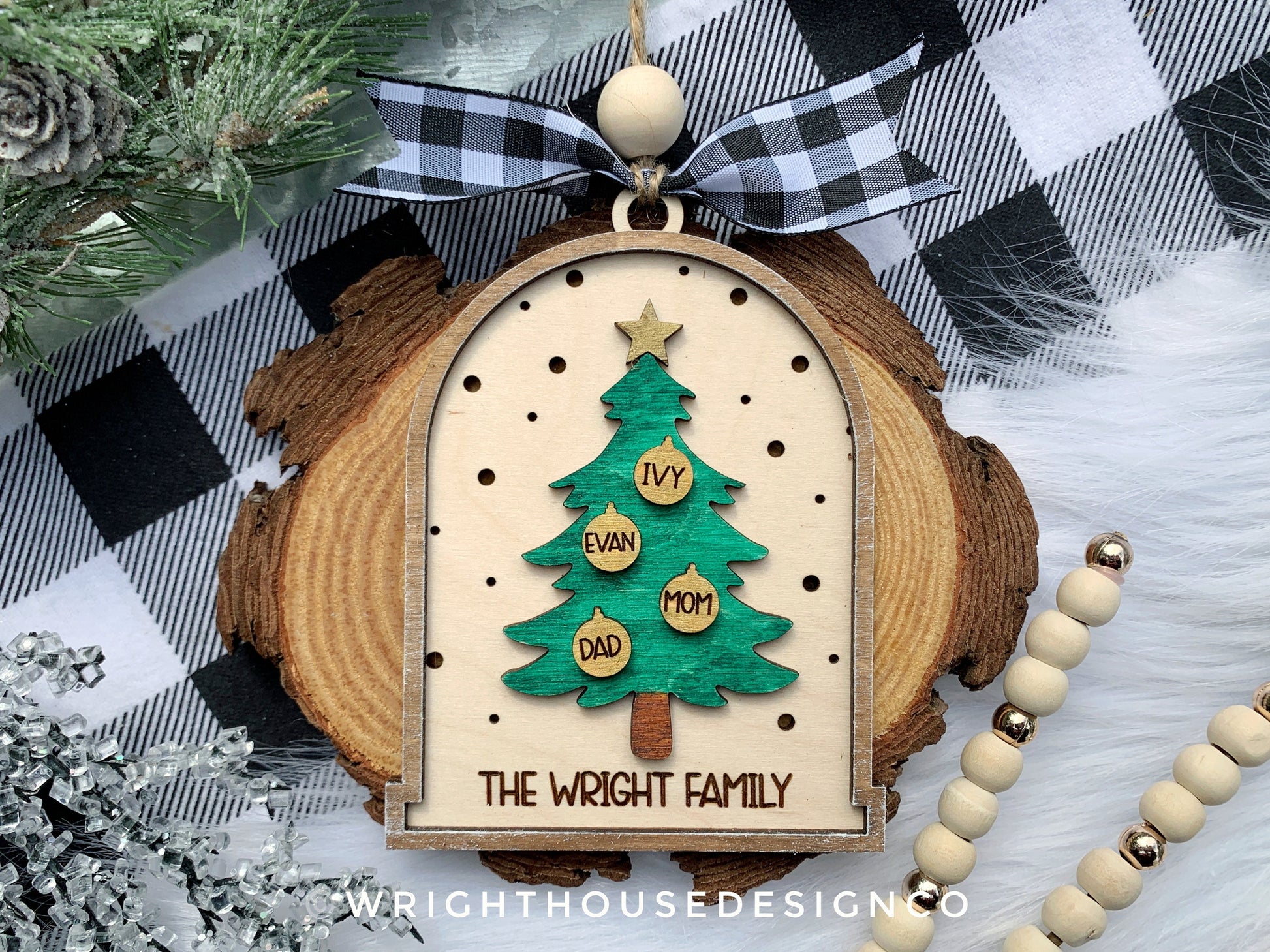 Rustic Farmhouse Family Name Ornament - Personalized Pine Tree Ornament - Christmas Keepsake - Holiday Gift for Couples - Lightcatcher