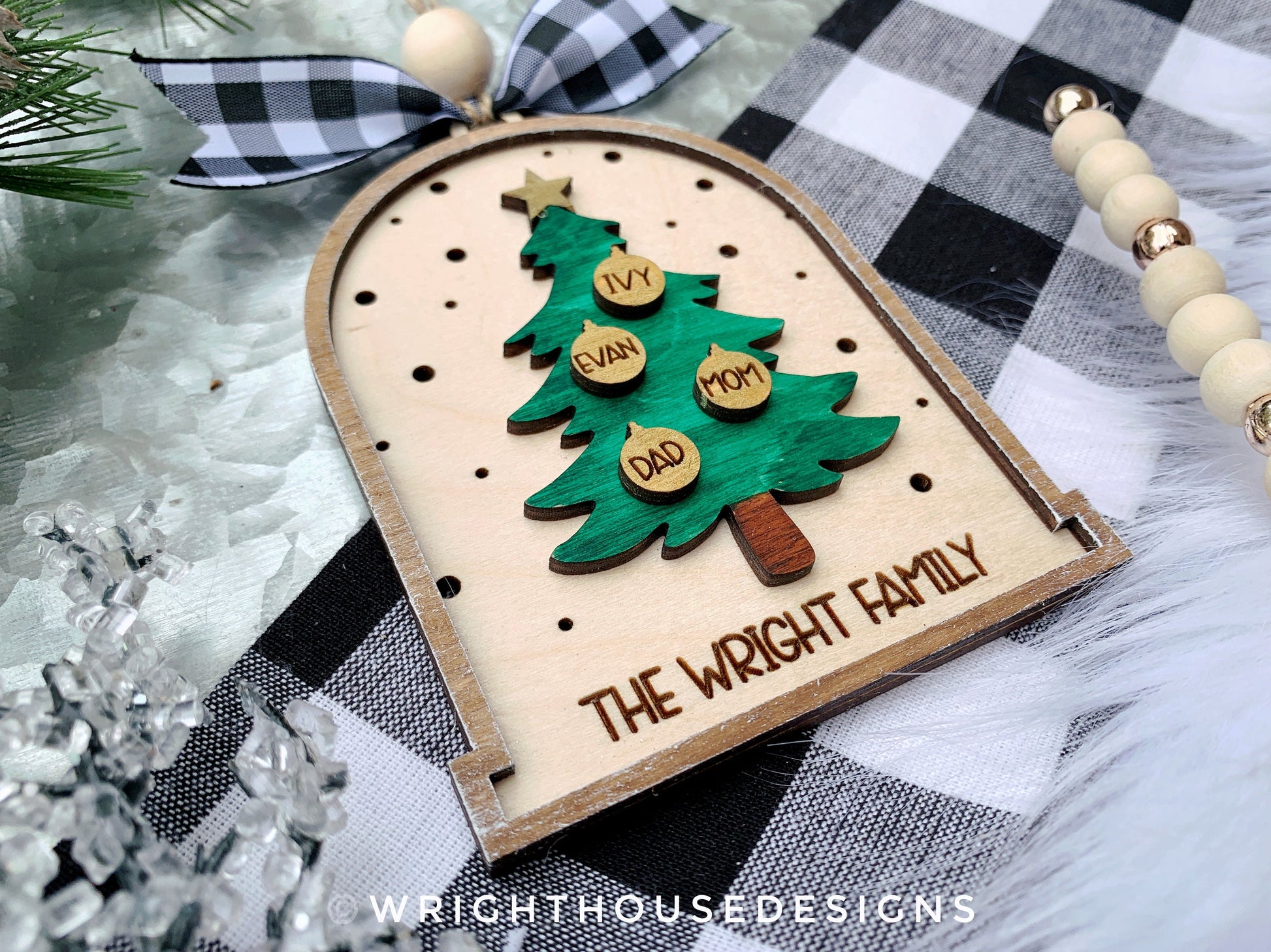 Rustic Farmhouse Family Name Ornament - Personalized Pine Tree Ornament - Christmas Keepsake - Holiday Gift for Couples - Lightcatcher