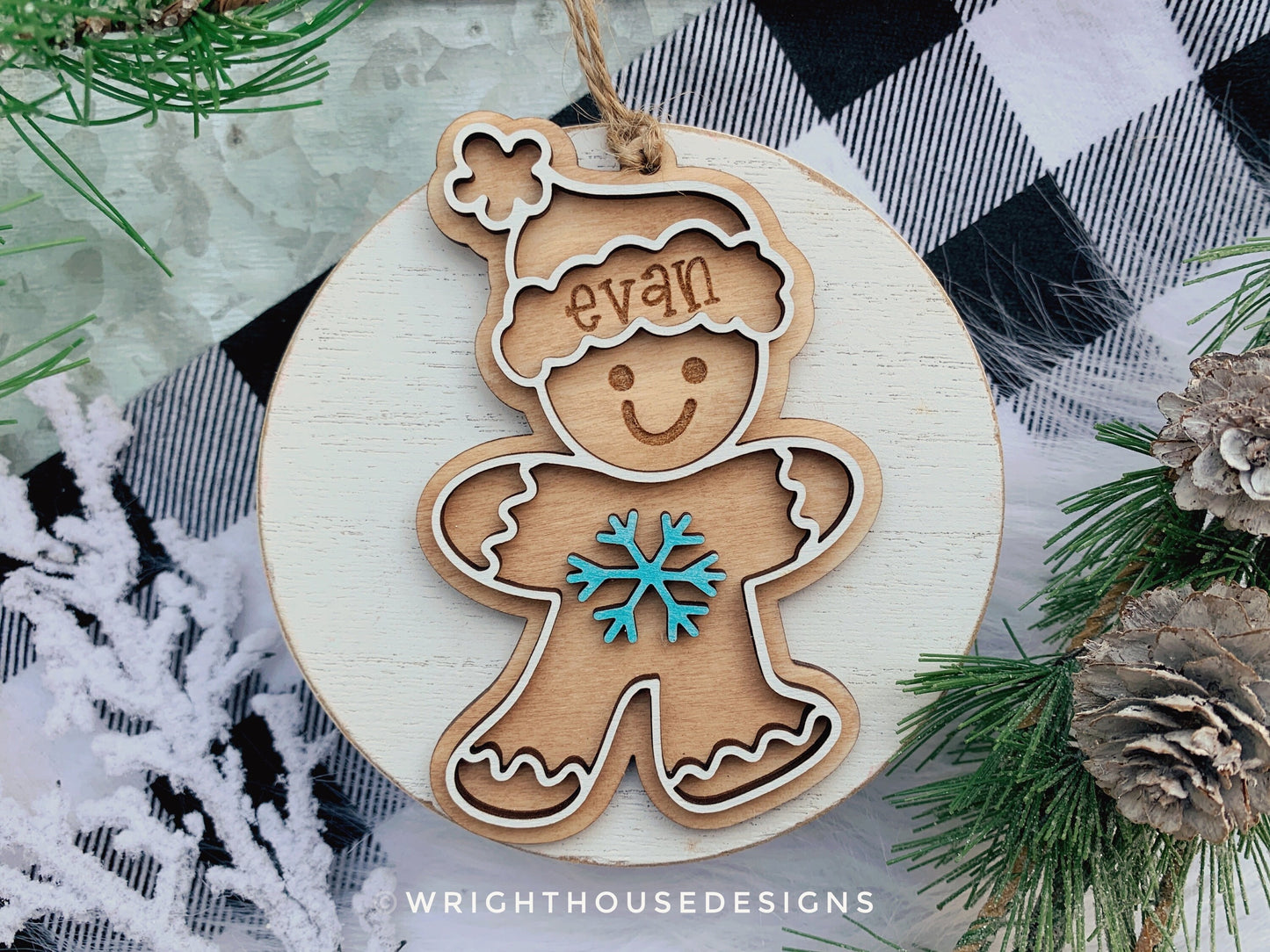 Gingerbread Boy and Girl Cookie Ornaments - Personalized Name Keepsake For Kids - Wooden Gift Bag and Stocking Tag - Gift For Grandparents