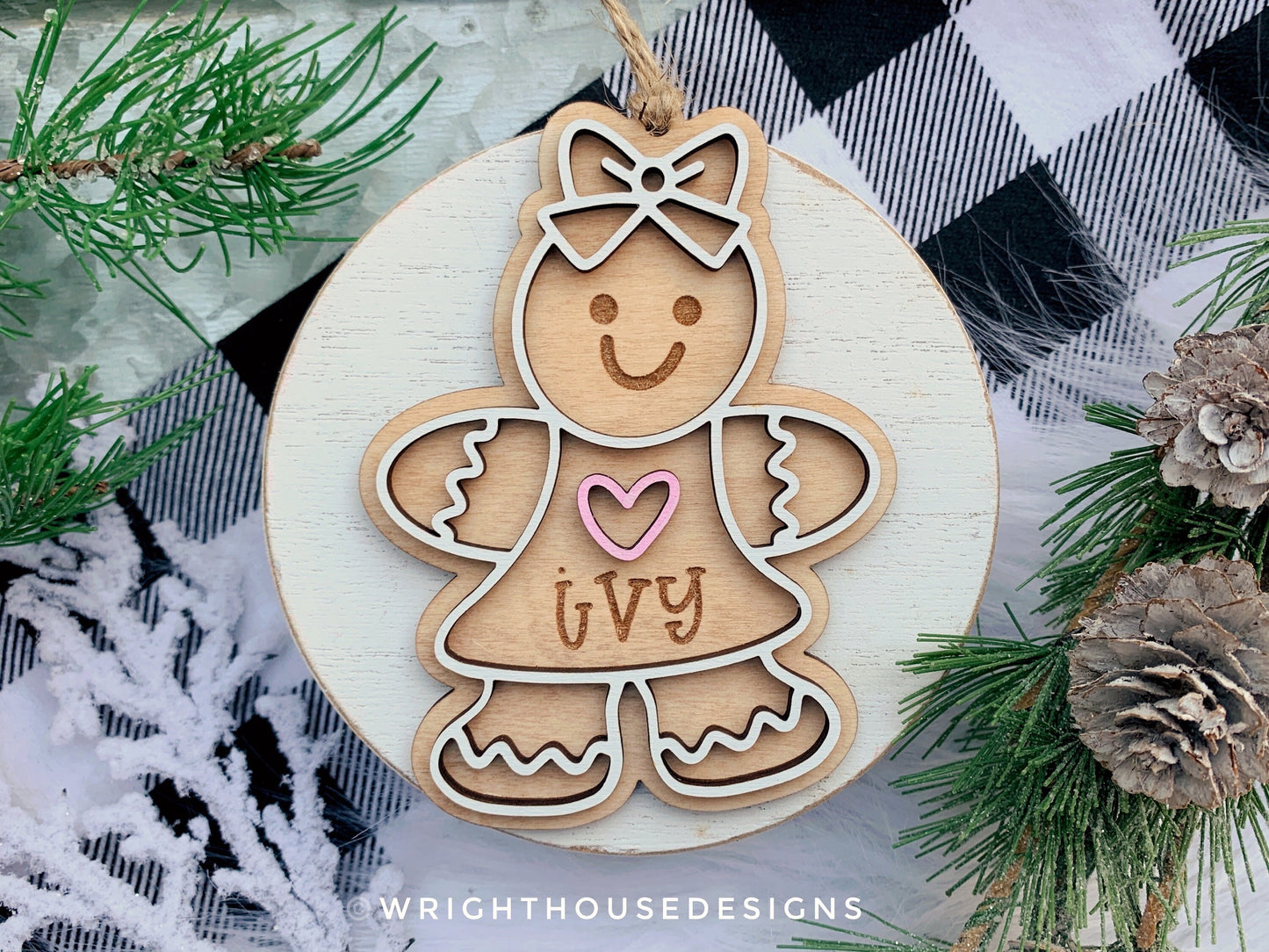 Gingerbread Boy and Girl Cookie Ornaments - Personalized Name Keepsake For Kids - Wooden Gift Bag and Stocking Tag - Gift For Grandparents