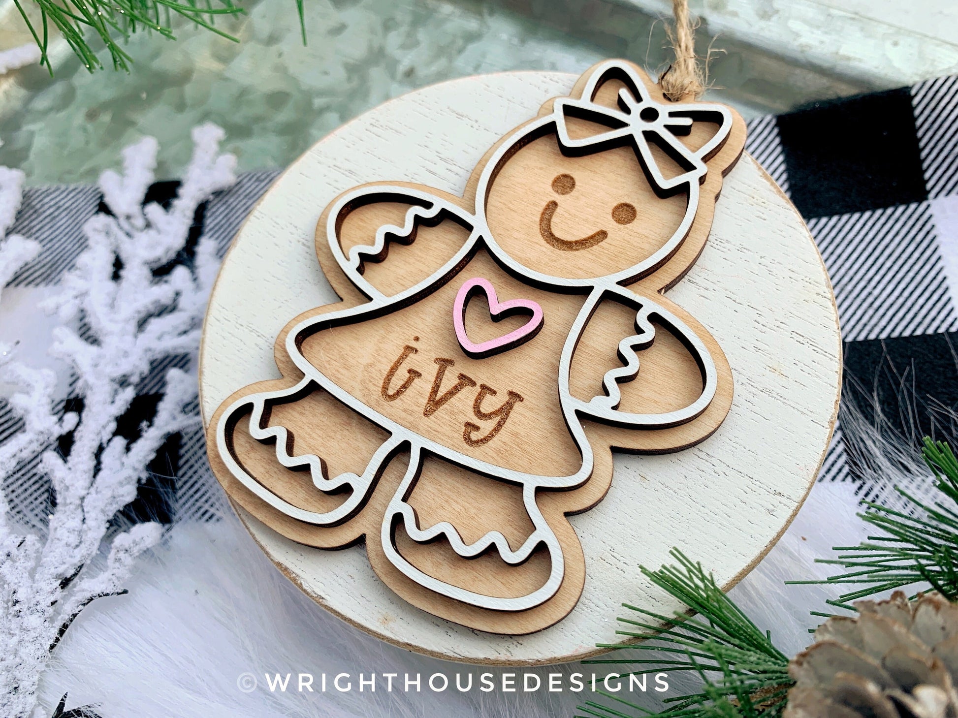 Gingerbread Boy and Girl Cookie Ornaments - Personalized Name Keepsake For Kids - Wooden Gift Bag and Stocking Tag - Gift For Grandparents