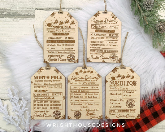 Santa's North Pole Express Delivery Gift Bag Tags - Wooden Engraved Christmas Labels - Personalized Name Tag - Holiday Ornament for Kids