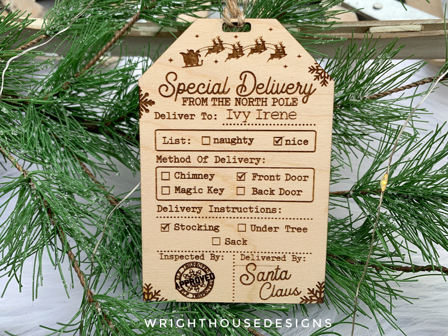 Santa's North Pole Express Delivery Gift Bag Tags - Wooden Engraved Christmas Labels - Personalized Name Tag - Holiday Ornament for Kids