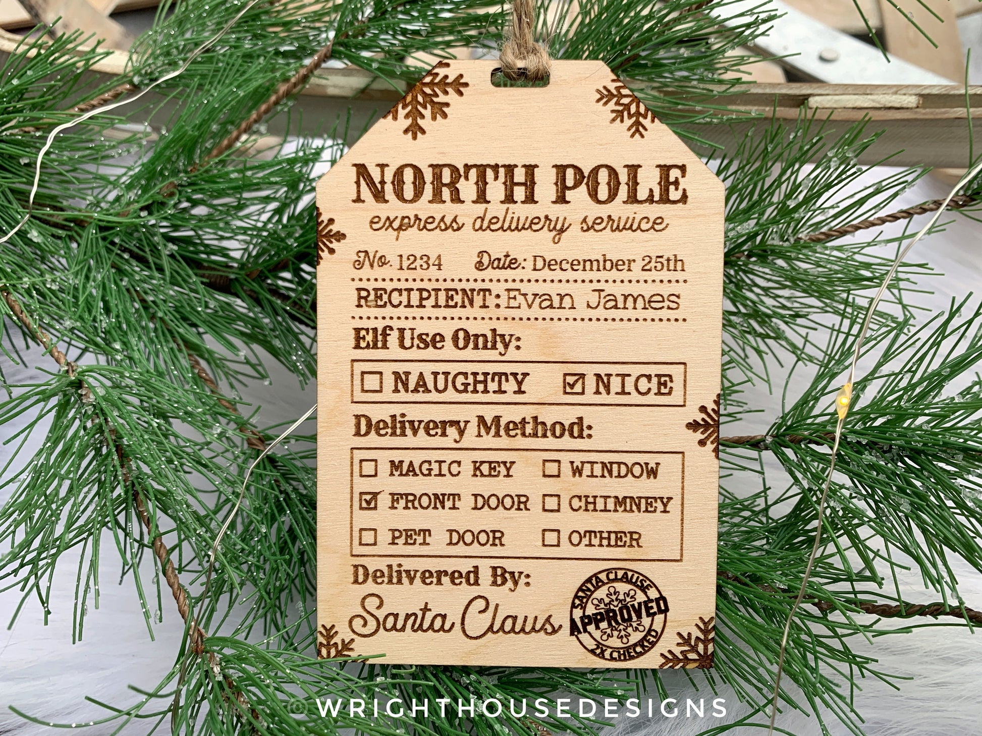 Santa's North Pole Express Delivery Gift Bag Tags - Wooden Engraved Christmas Labels - Personalized Name Tag - Holiday Ornament for Kids