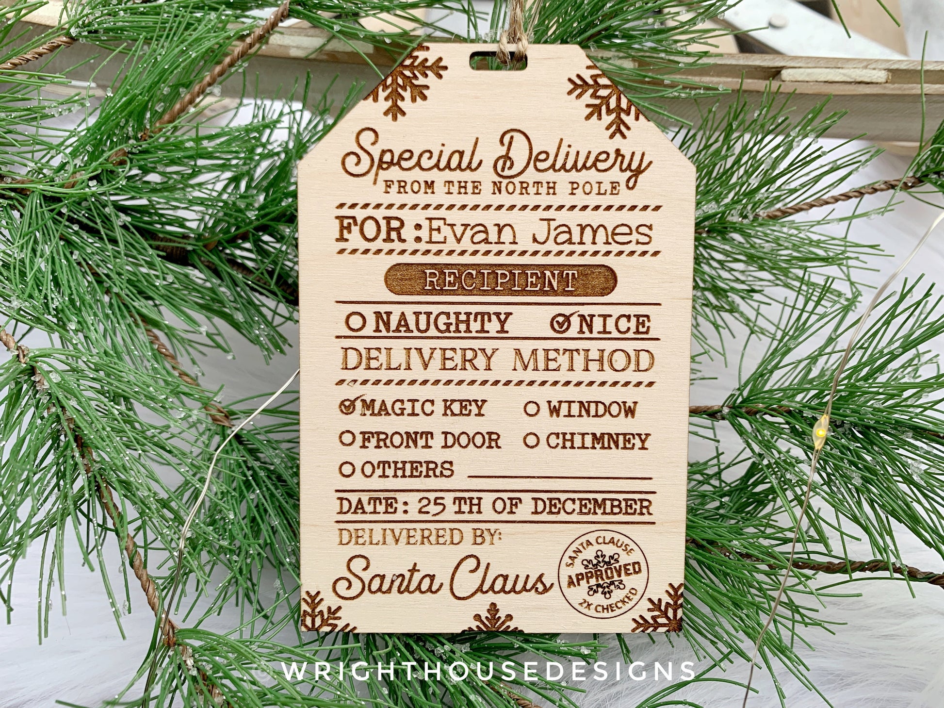 Santa's North Pole Express Delivery Gift Bag Tags - Wooden Engraved Christmas Labels - Personalized Name Tag - Holiday Ornament for Kids