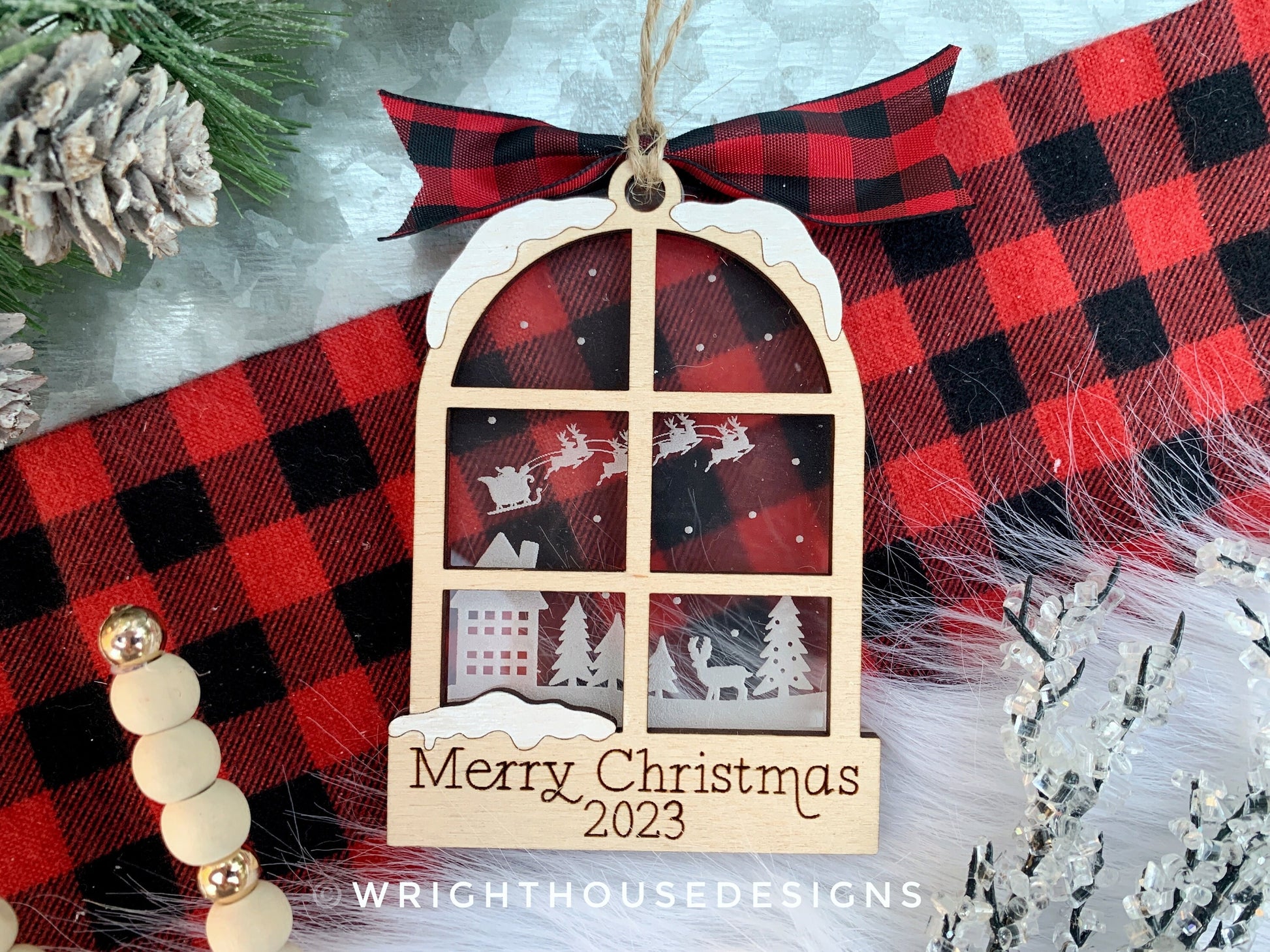 Santa Sleigh Winter Cabin Scene Ornament - Engraved Personalized Yearly Christmas Tree Ornament - Layered Wood and Acrylic Window Ornament