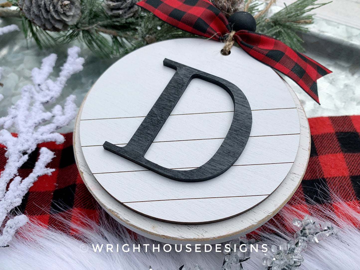 Custom Initial Pattern Monogram Ornament - Farmhouse Minimalist Christmas Tree Ornament - Round Shiplap Stocking Tag - Couples Holiday Gift