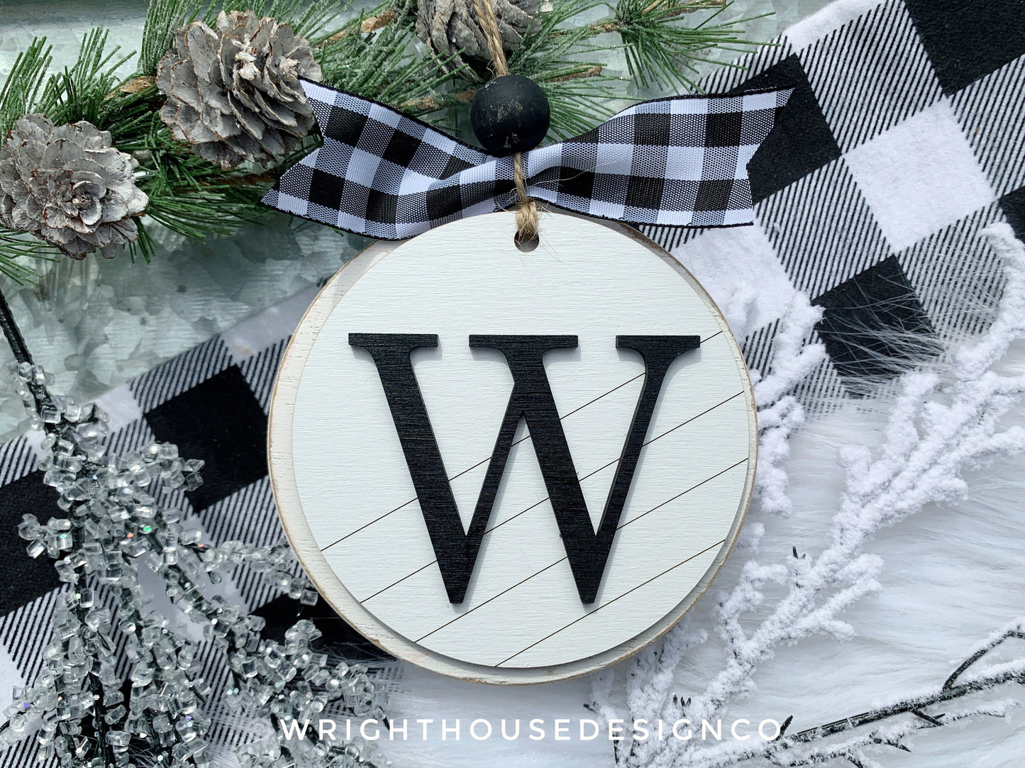 Custom Initial Pattern Monogram Ornament - Farmhouse Minimalist Christmas Tree Ornament - Round Shiplap Stocking Tag - Couples Holiday Gift