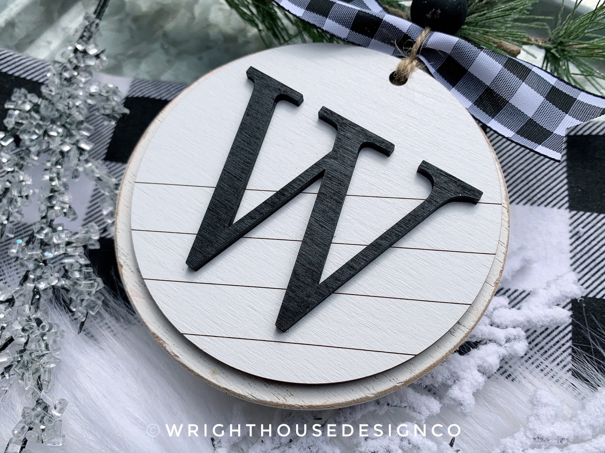 Custom Initial Pattern Monogram Ornament - Farmhouse Minimalist Christmas Tree Ornament - Round Shiplap Stocking Tag - Couples Holiday Gift