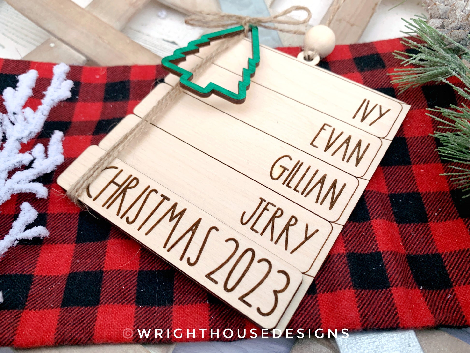 Family Bookstack Ornament - Personalized Family Name Ornament and Stocking Tag - Holiday Gift For Couples - Custom Holiday Greeting Ornament