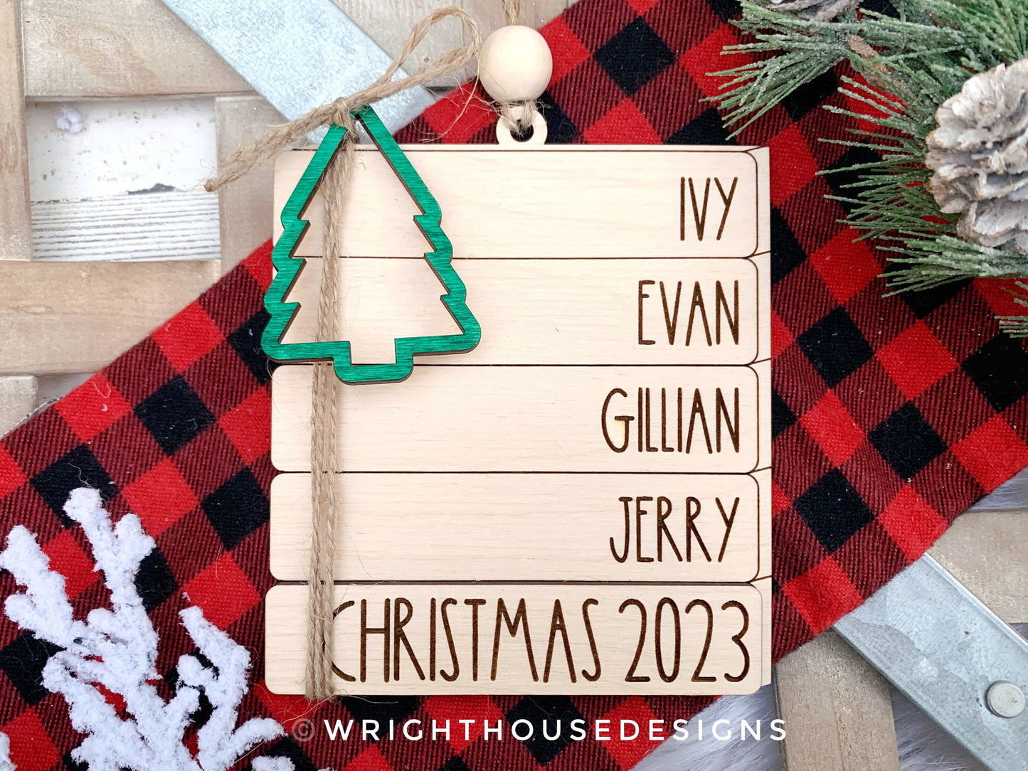 Family Bookstack Ornament - Personalized Family Name Ornament and Stocking Tag - Holiday Gift For Couples - Custom Holiday Greeting Ornament