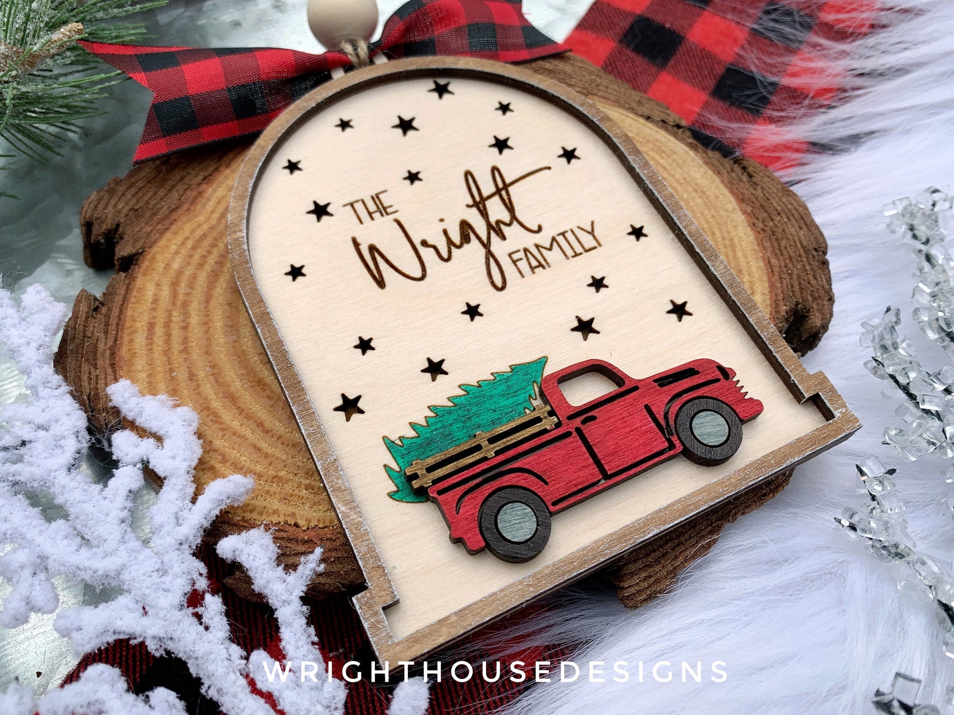 Rustic Farmhouse Family Name Ornament - Personalized Red Truck Ornament - Christmas Keepsake - Holiday Gift for Couples - Lightcatcher